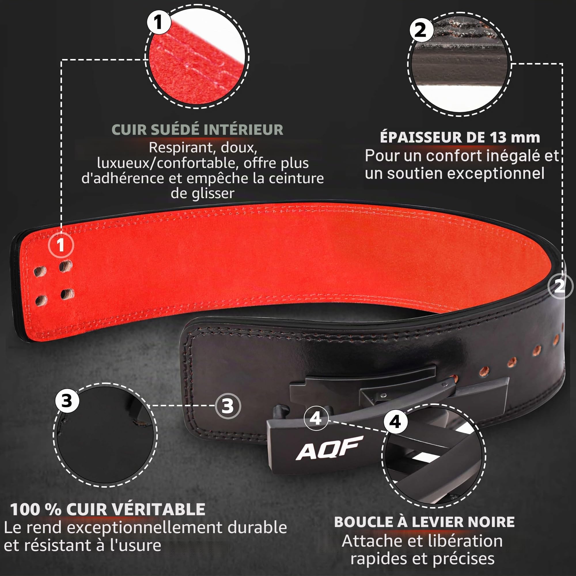 AQF Ceinture Musculation Levier, Cuir 13mm 4", Approuvée IPL & USPA