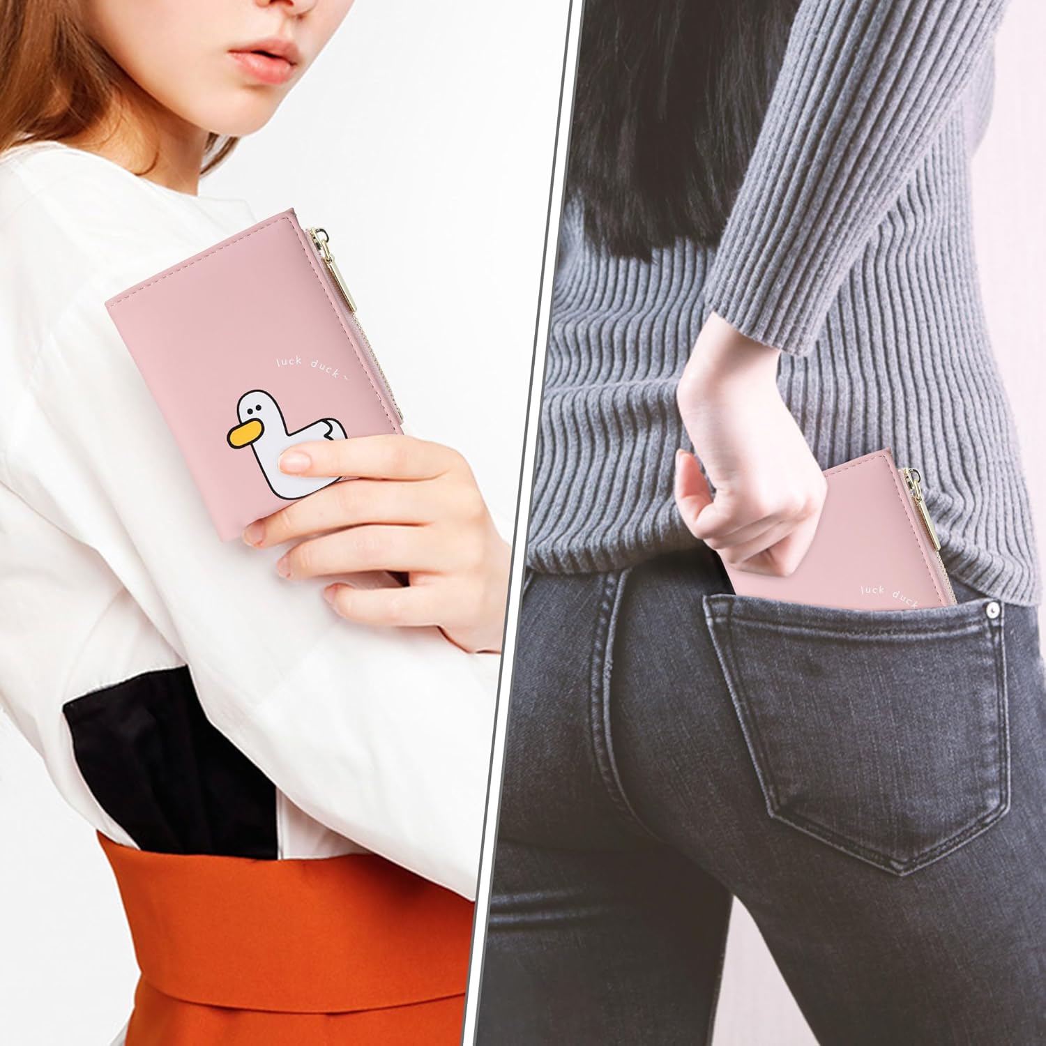 CONISY Cute Wallets for Women, Leather Bifold Small Wallet with Zipper Coin Purse, RFID Blocking Wallet for Girls and Ladies (Duck Pink) - Image 3