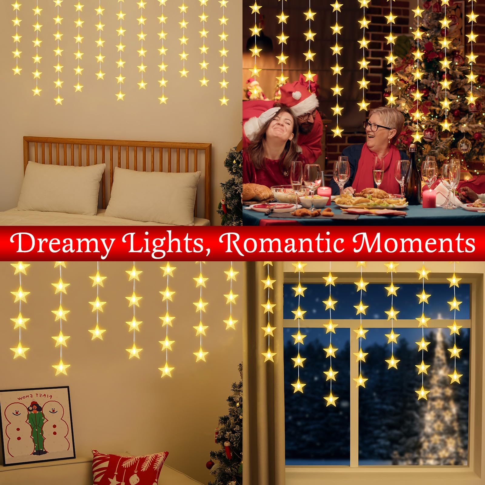 Lewondr 480 LED Stern Vorhang Lichter, 6 Stück Hängende Lichterkette mit 6H Timer & 8 Modi, Batterien Weihnachtsbeleuchtung String Lichter für Weihnachten Hochzeitsfeier Indoor Dekor, Warme Licht