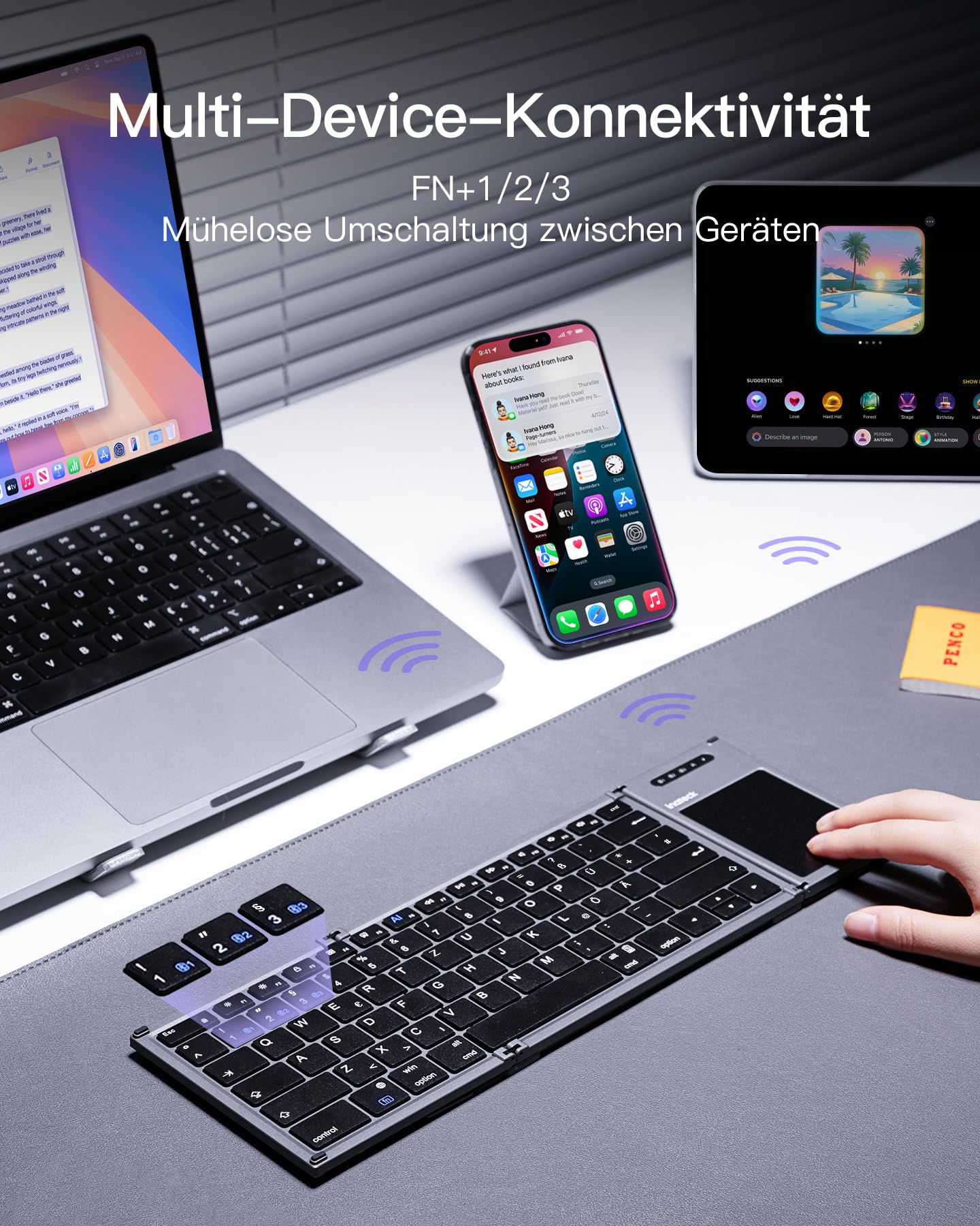 Inateck Faltbare Mini Tastatur, KI-Funktion mit Touchpad,3 Bluetooth-Kanälen, kompatibel mit iPadOS Android, Windows, QWERTZ, KB06101