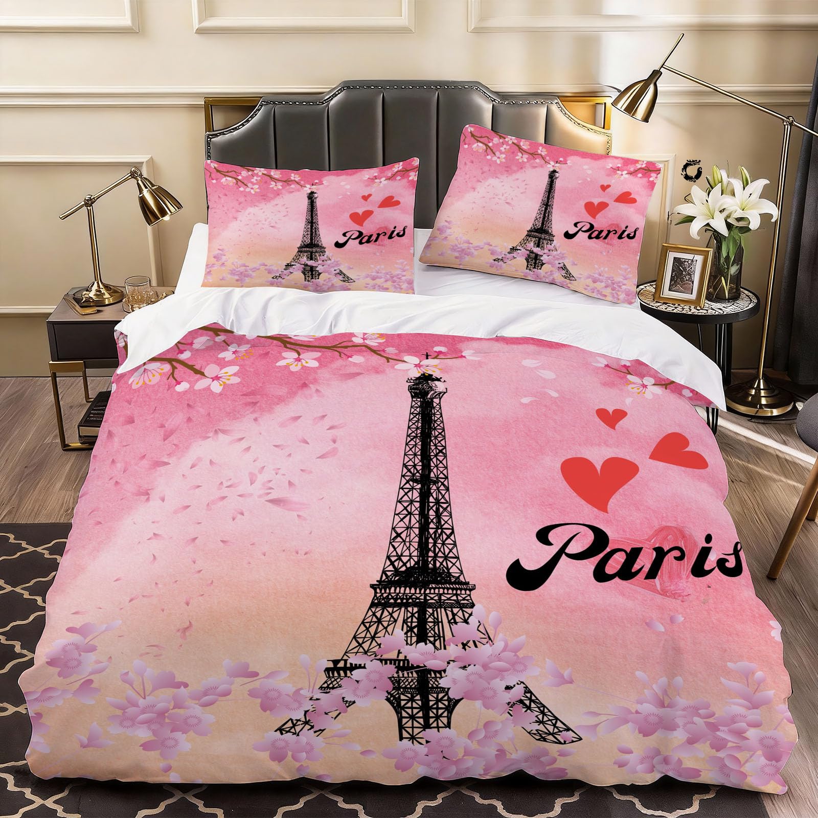 3D Eiffel Tower Duvet Cover Romantic Love Bedding Double Bed Set, Soft Microfiber Comforter Cover Printed with Zipper Closure Quilt Coverr 200x200 cm and 2 Pillowcases