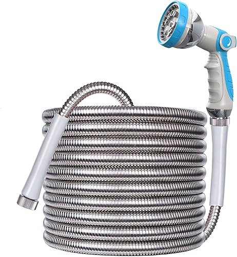Das Perfekte Werkzeug Manguera de jardín de metal expandible de 50 pies, manguera de jardín ligera de acero inoxidable 304 con boquilla de 10