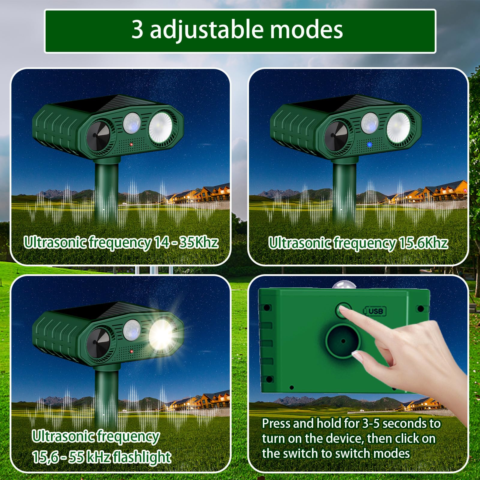 Répulsif Chat Ultrason, 3 Modes Repulsif Chat Solaire & Solaire et USB Répulsif Animaux, IP54 Étanche Repulsif Chat Exterieur avec Détecteur et Flash pour Chats Chiens Souris Ratons Animaux de Jardin