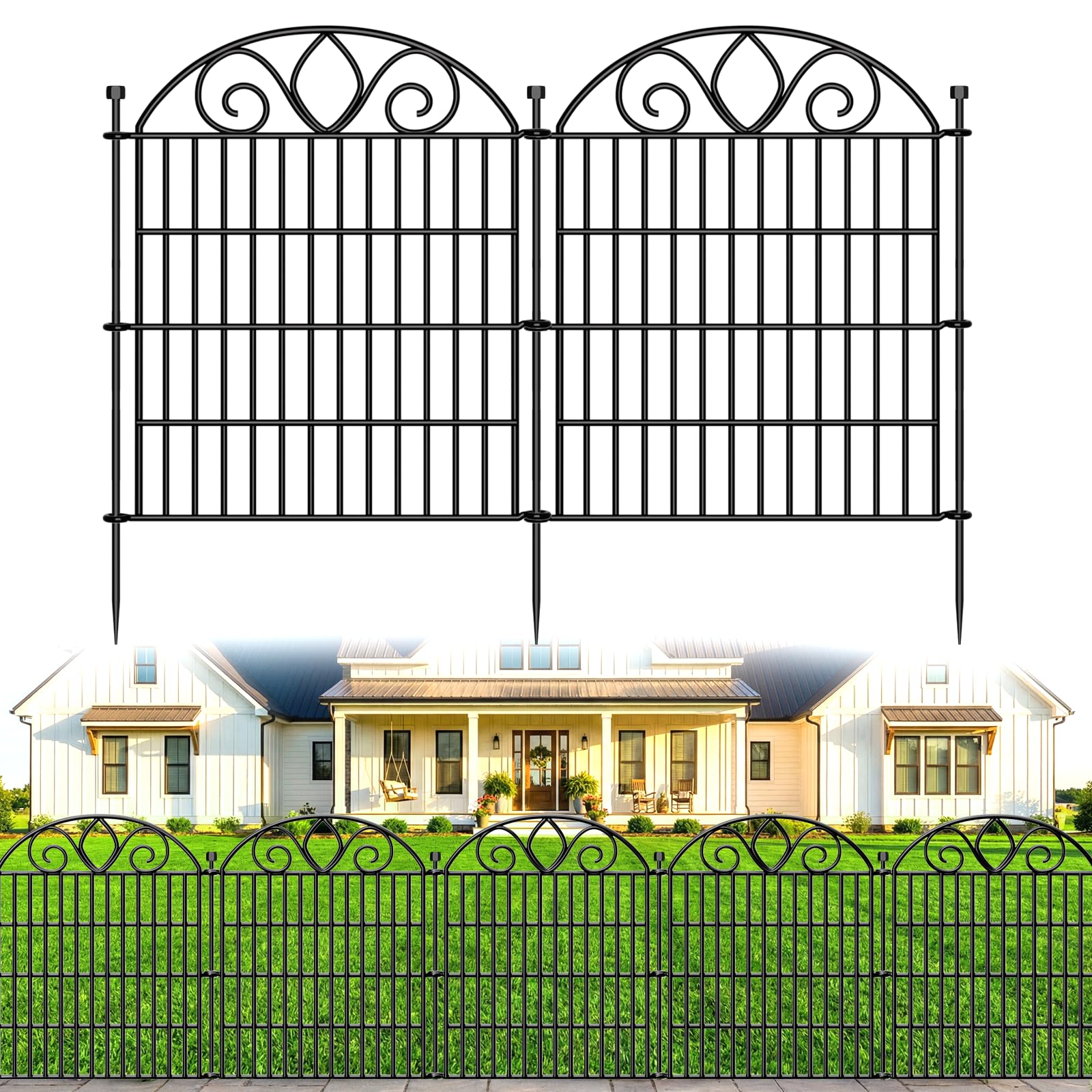 View 1 of 10 Panels No Dig Tall Garden Fence with Gate – 34" H X 22' L Rustproof Metal Dog Fences Outdoor for Yard, Decorative Animal Barrier Fence for Pet, Garden Border, Patio, Flower | Temporary Fencing