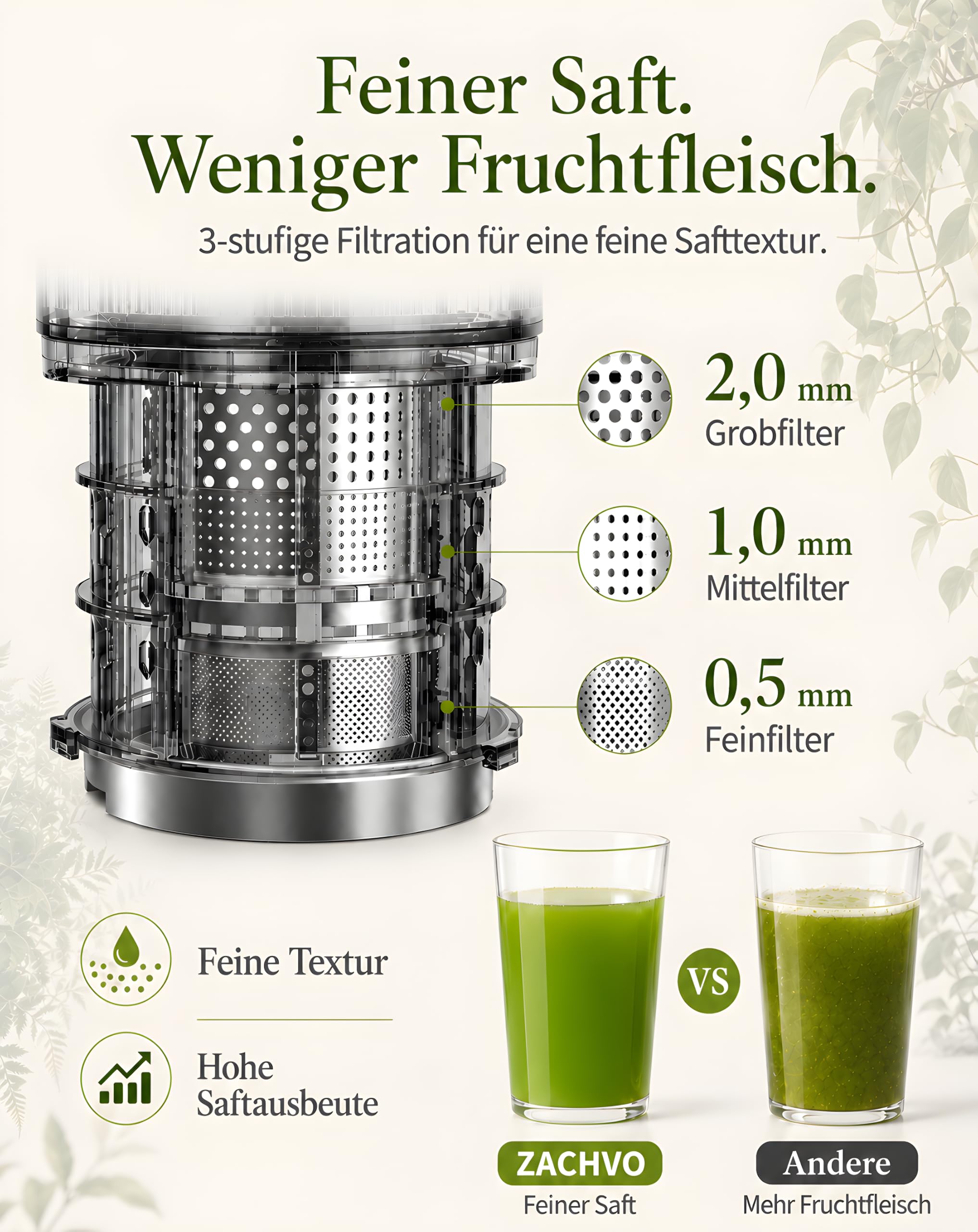 Entsafter Gemüse und Obst Testsieger, Slow Juicer, 130 mm | Hochwertiges BPA-freies Tritan, großer 1,5-L-Einfüllbehälter, hohe Saftausbeute und mühelose Reinigung