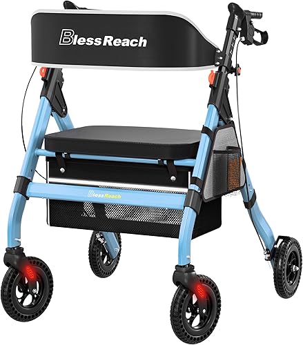 Andadores plegables con asiento para personas mayores, capacidad de 450 libras, ruedas de 8 pulgadas, asiento grande de 18 pulgadas, altura