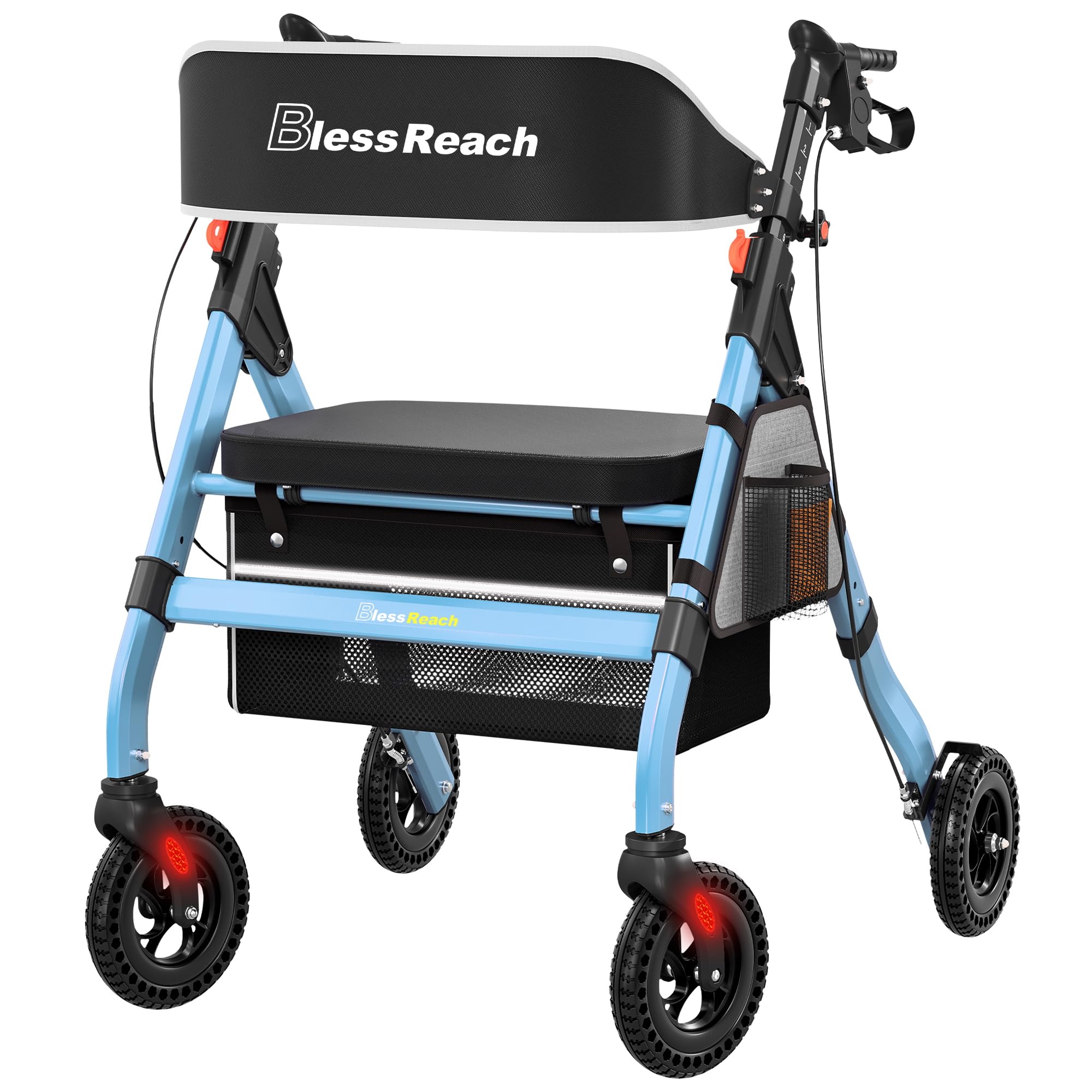 Photo 1 of ***MISSING BRAKES*** BlessReach Foldable Rollator Walkers with Seat for Seniors, 450 lb Capacity, 8'' Wheels, 18" Big Seat, 6-Position Adjustable Height, Heavy-Duty Aluminum Rolling Walker (Blue)