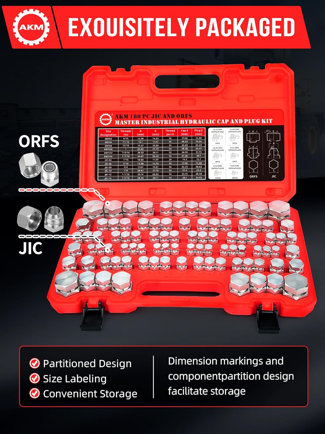 AKM 180 PC JIC and ORFS Master Industrial Hydraulic Cap and Plug Hose Tube and Pipe Fitting Kit Cap and Plug Kit Precision Threading in ORFS and 37° Dash Sizes 4 6 8 10 12 16