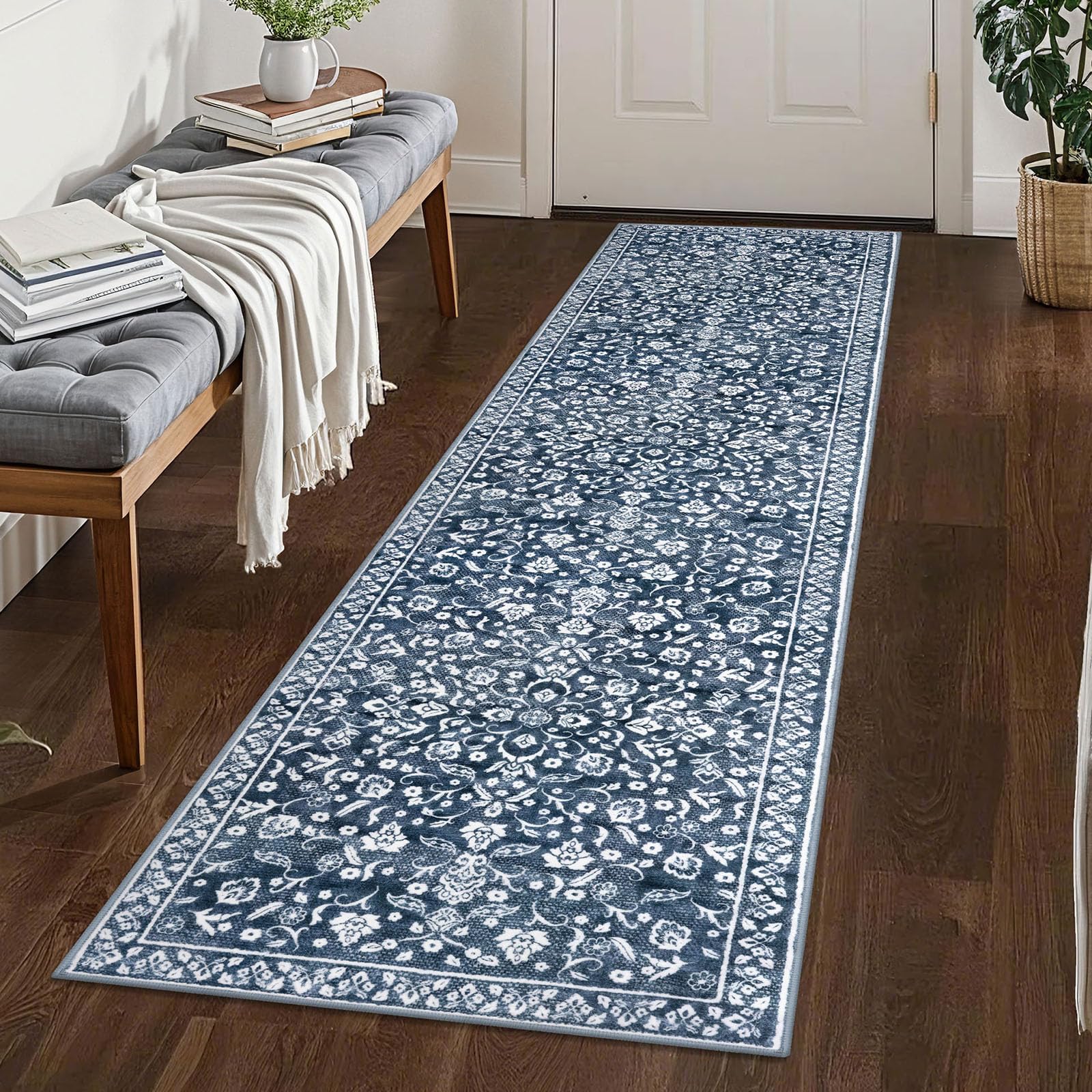 SILOLOOM Vintage Washable 2x8 Runner Rug Non Slip, Navy Hallway Runner Rug, Super Soft Kitchen Runner Rug, Printed Faux Wool Thin Carpet Runner for Entryway Indoor Laundry Room Bedroom โ image 1