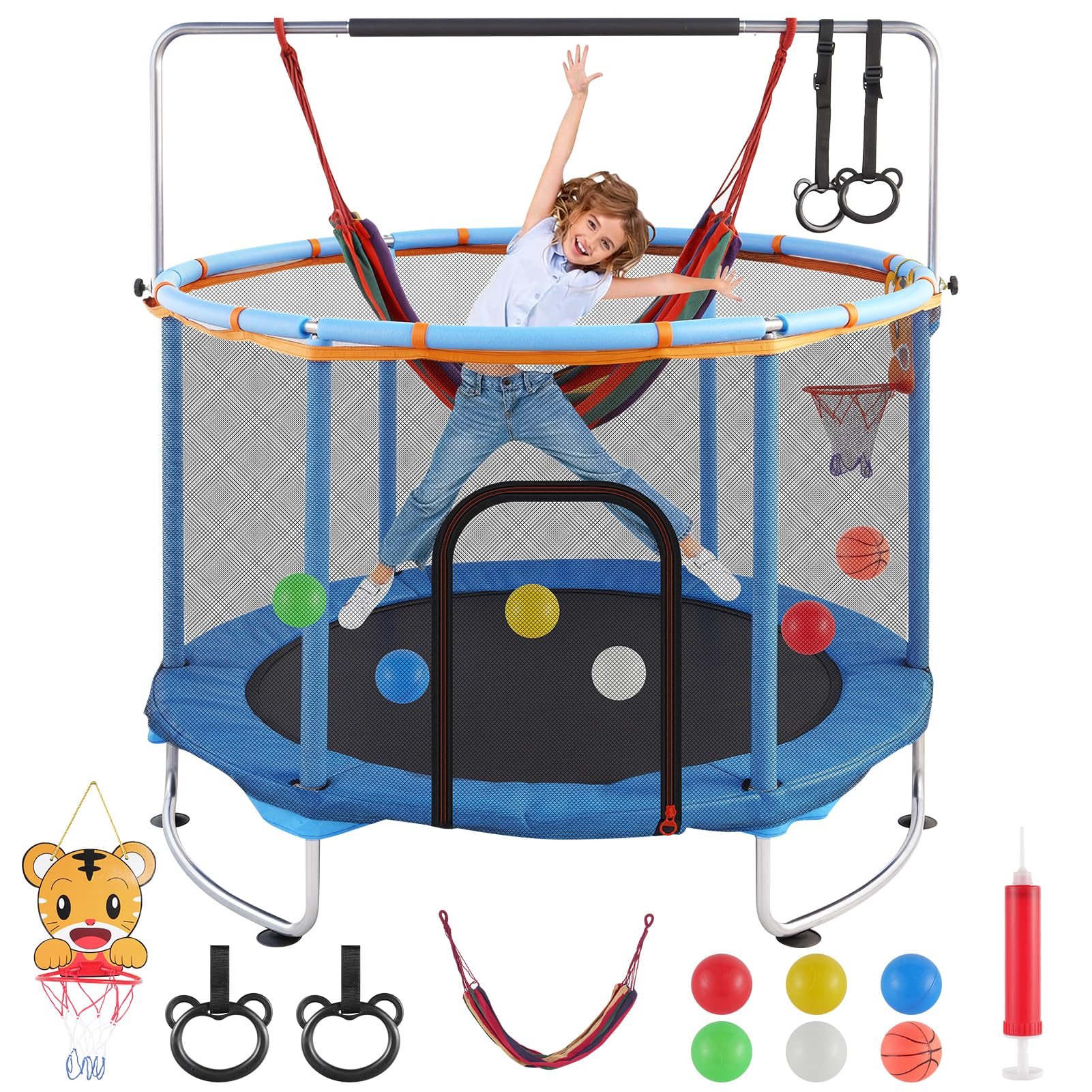Trampolino per bambini, 142-160 cm, regolabile, con cestino da basket, 200 kg, per interni ed esterni, regalo di compleanno per ragazzi e ragazze dai 3 ai 9 anni