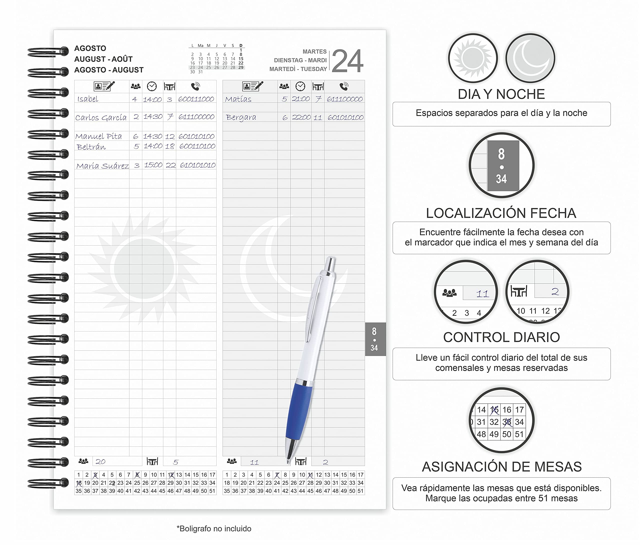 Libro de Reservas 2026 con Fechas.Personalizado con su texto o logo. 4 Interiores a elegir. Tamaño 21 x 29,7 cm Din A4 Agenda hostelería