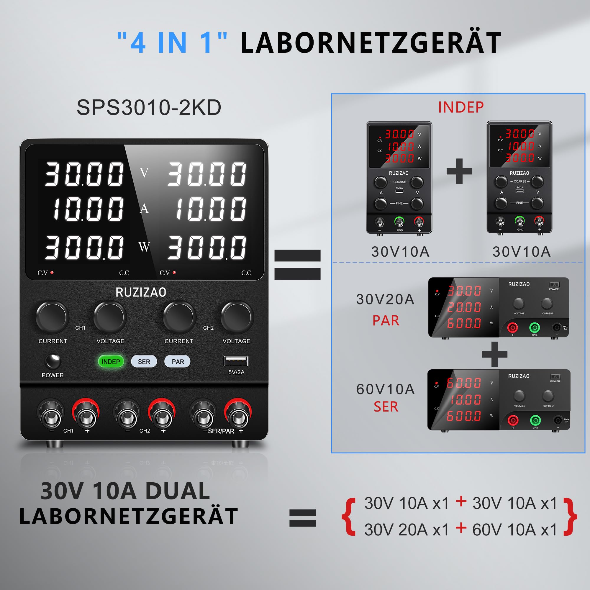 Dual Labornetzteil 30V 10A Seriell Parallel Einstellbares Labornetzgerät 60V 10A/30V 20A Encoder Einstellung DC Regelbar Netzgerät Dual Spannung Aktuell Vier in Einem Labor-Gleichstromnetzteil