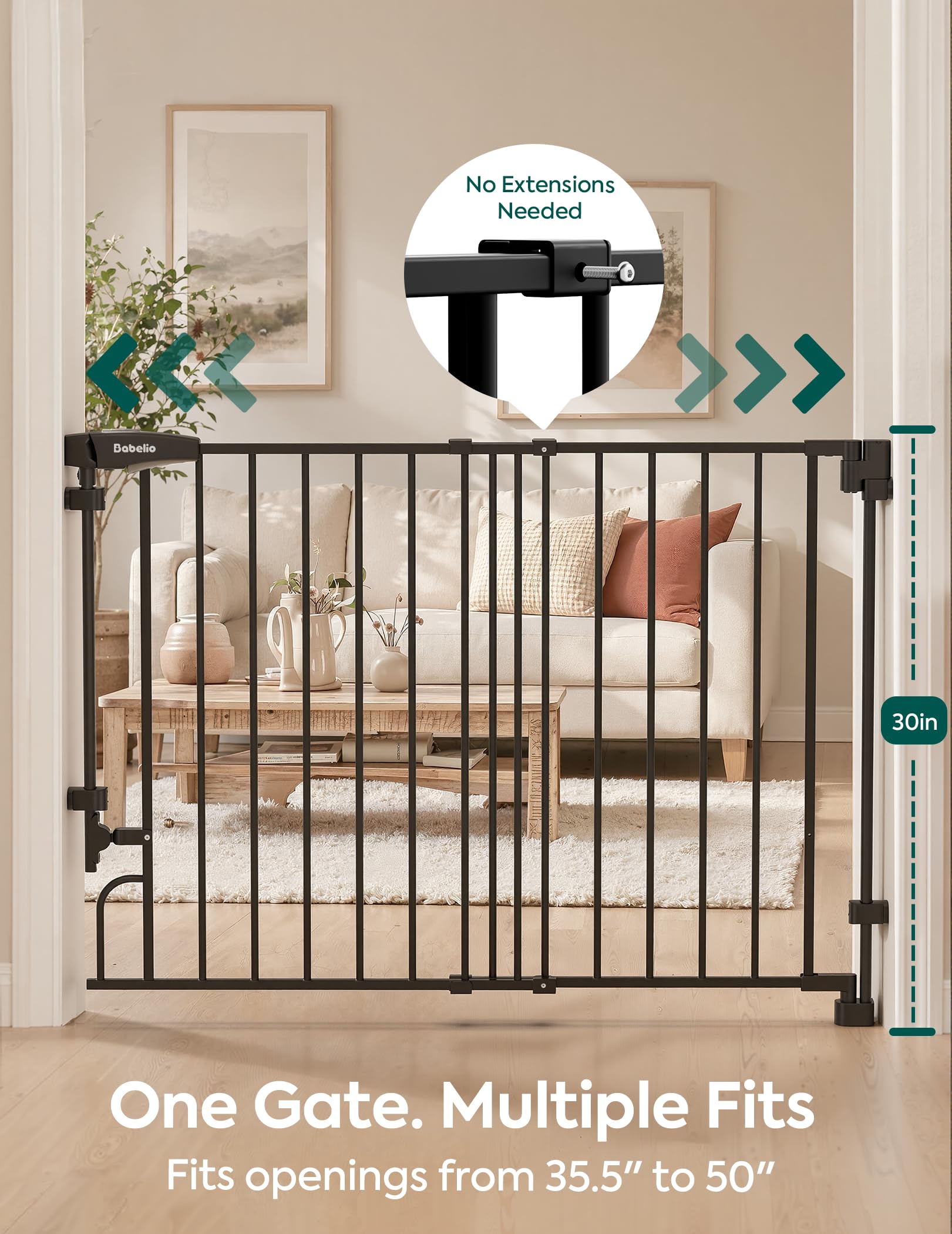 Babelio Cancello per cani e bambini da 90,2 a 139,7 cm, senza barra inferiore, per scale e porte, facile da rimuovere e installare, funzione di chiusura automatica, porta passerella extra larga
