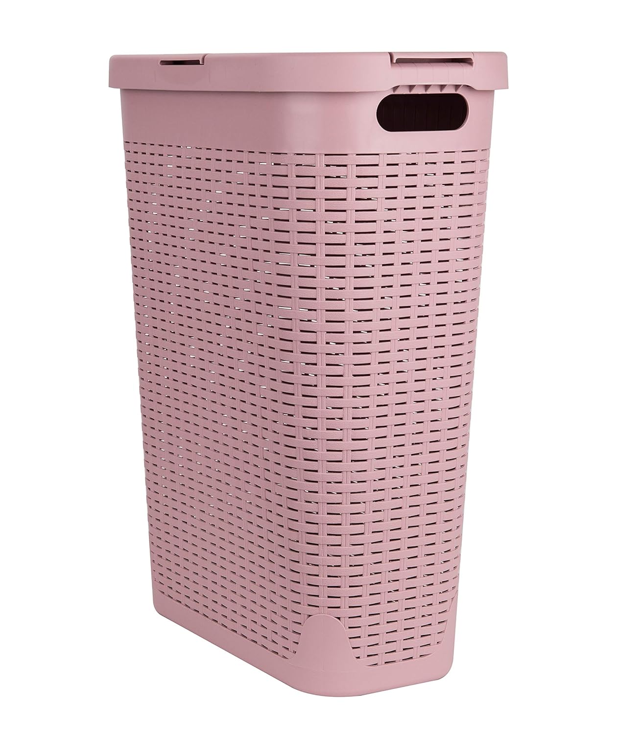 Mind Reader Slim Laundry Hamper with Lid, 40L Clothes Basket, Premium Wicker Design, Plastic, Pink
