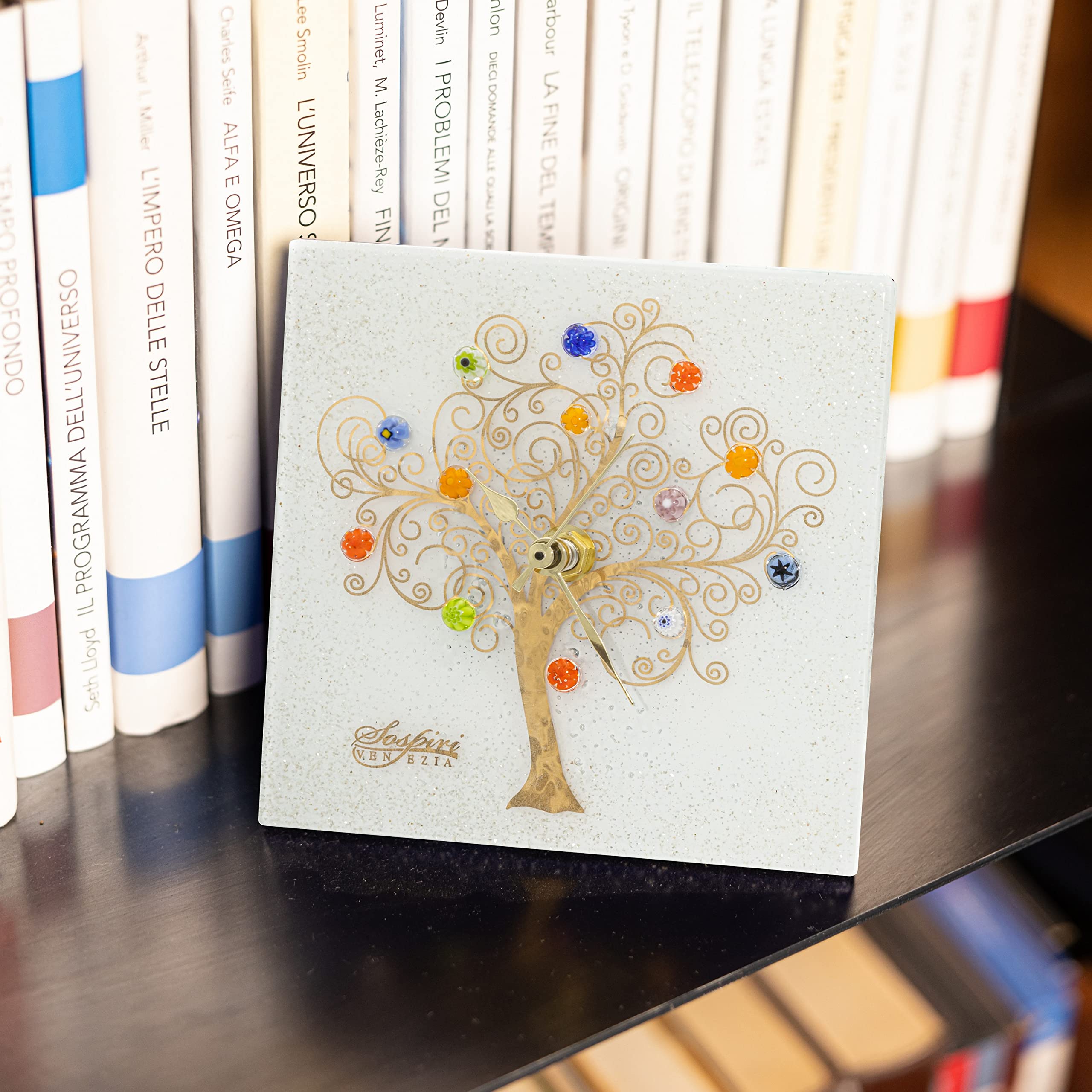 Sospiri Venezia Orologio da Tavolo Vetro Murano Meccanismo Silenzioso Decorato Murrine e Foglia Oro Idea Regalo Realizzato a Mano Made Italy (14x14 cm)