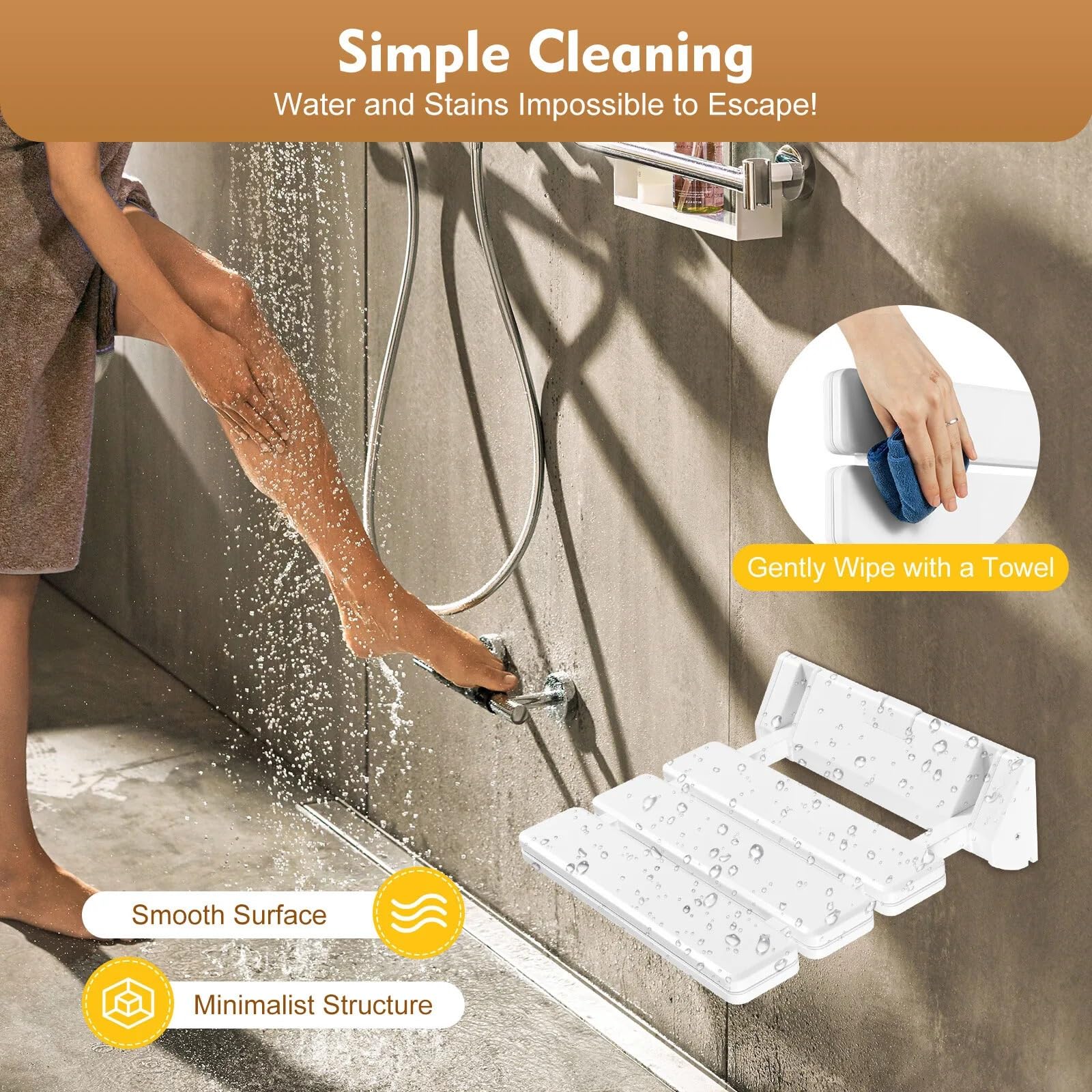 Asiento Ducha Pared Montada Asiento de Ducha Plegable montado en la Pared | Banco plegable ergonómico seguro que ahorra espacio plegable blanco