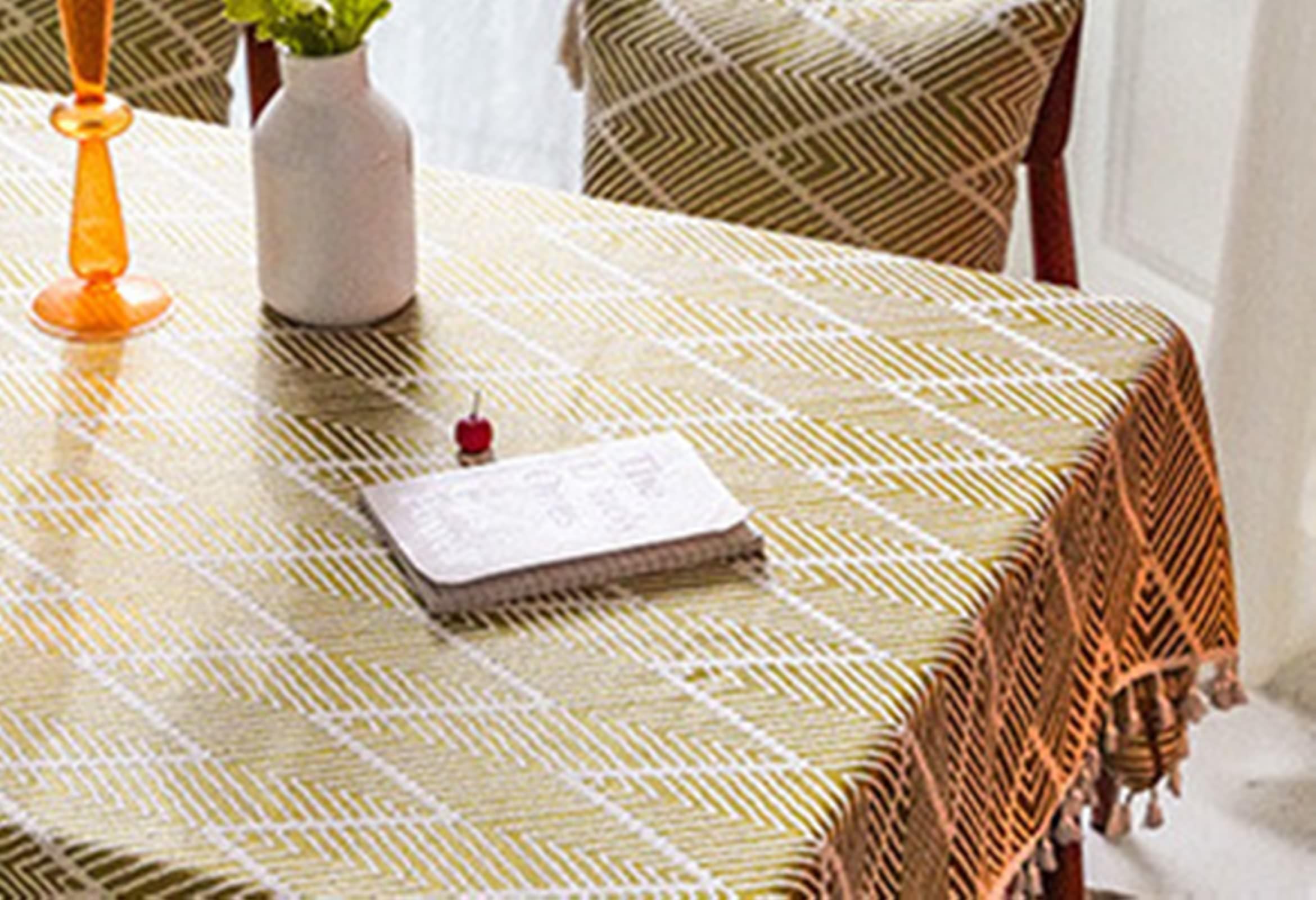 Daesar Manteles Cocina Rectangular,Mantel Lino Antimanchas Rayas Onduladas con Borlas Mantel Amarillo,140x220CM(87x55Inch)
