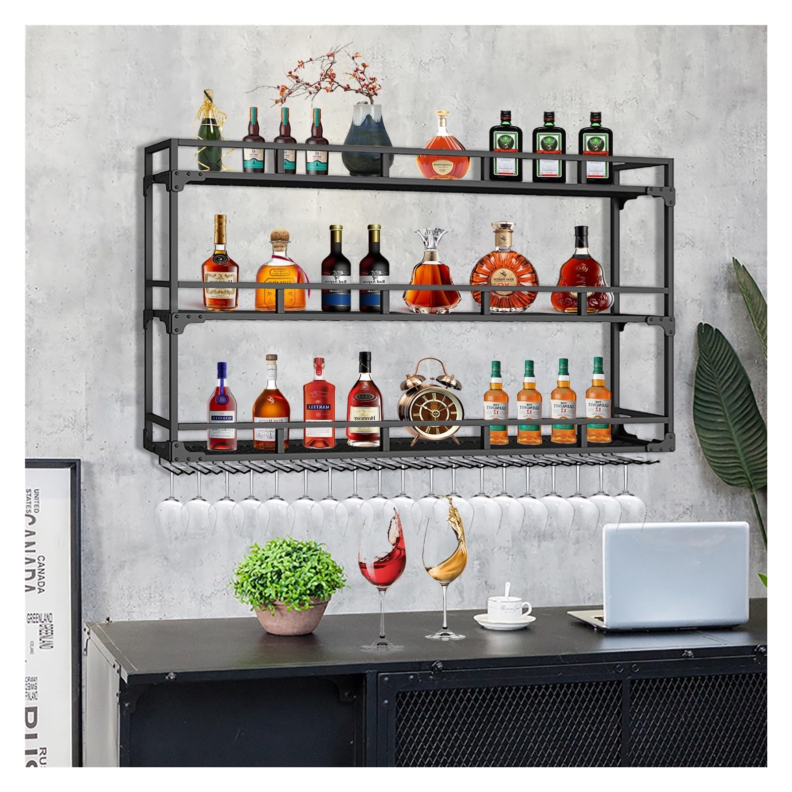 Casier à vin mural LED moderne en métal avec porte-verre élégant