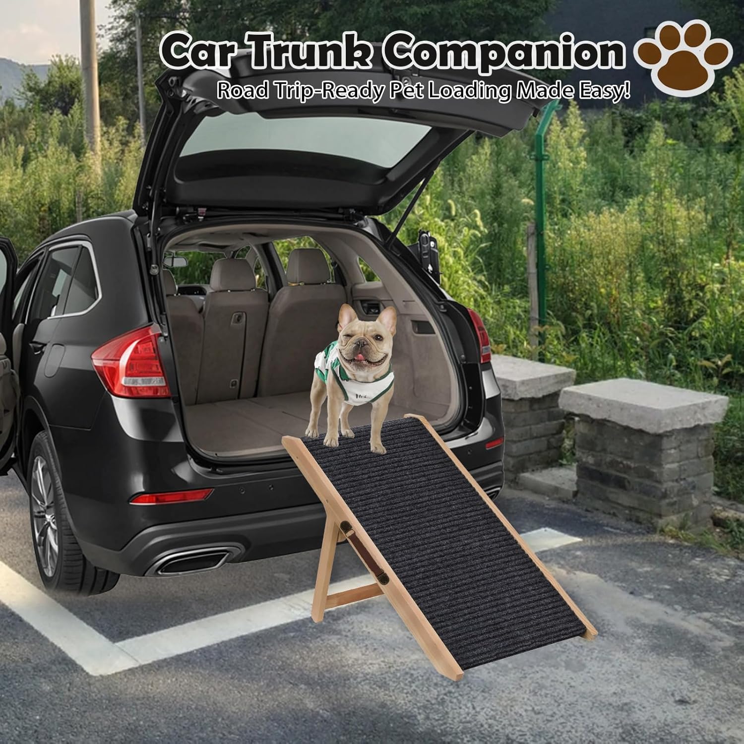Wooden Foldable Dog Ramp Portable Pet Ramp,Car Ramp with Built-in Handle for Travel, 4 Adjustable Heights 9.8" to 18.1" for Small Dogs