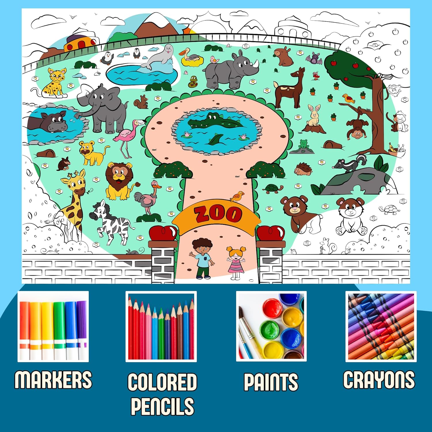 Giant Coloring Poster - 43.3 x 31.4" Large Coloring Poster for Kids - Zoo Animal/Safari/Jungle Theme Thick Paper Jumbo Coloring Poster - Kids Coloring Tablecloth/Coloring Table Cloth for Kids
