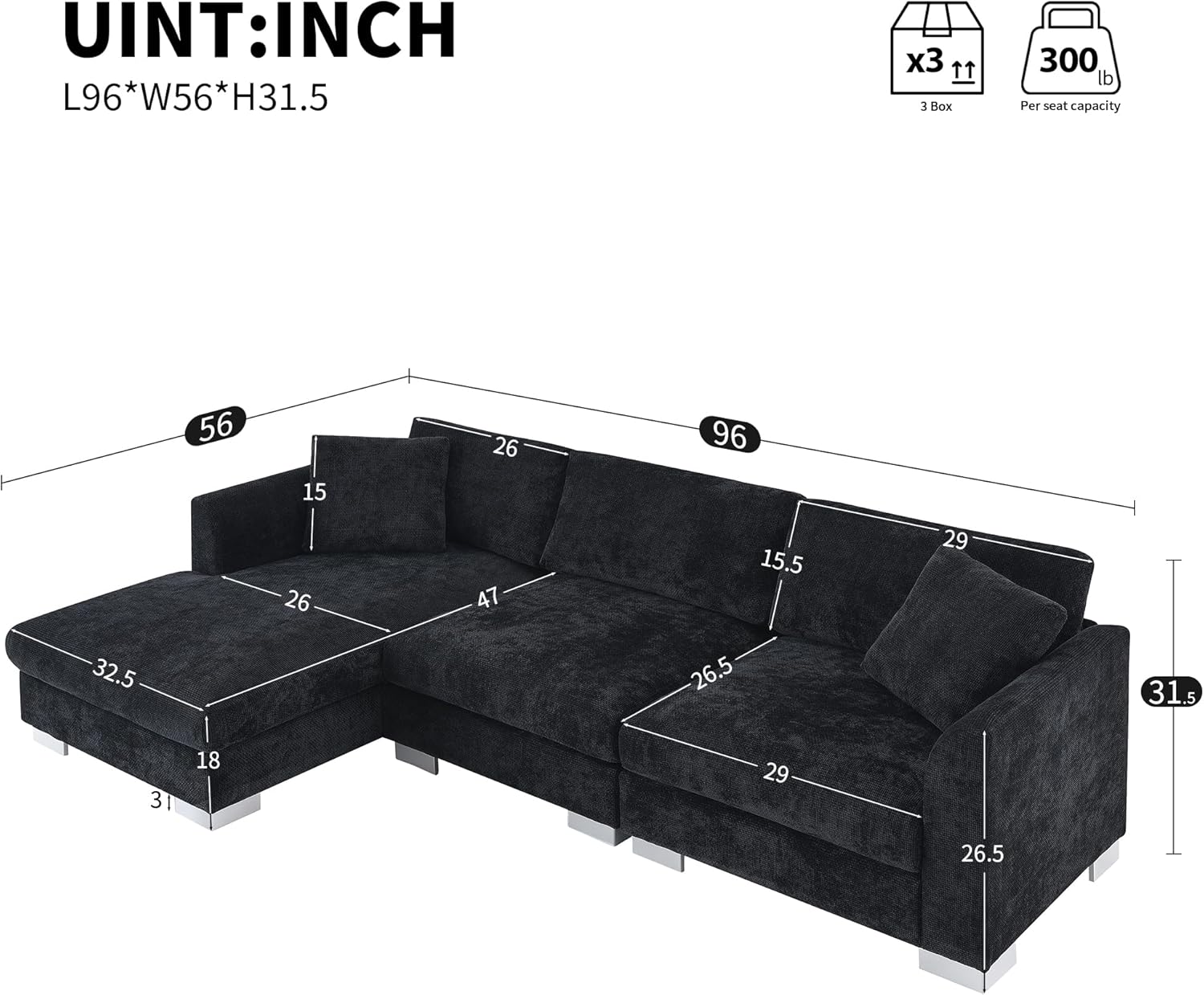 Deep Seat Oversized L Shaped Modular Sectional Sofa with Extra Wide Chaise, 4 Seater Cloud Lounge Sofa Corner Couch with Metal Legs and Detachable Cushions for Living Room Apartment, Chenille Fabric