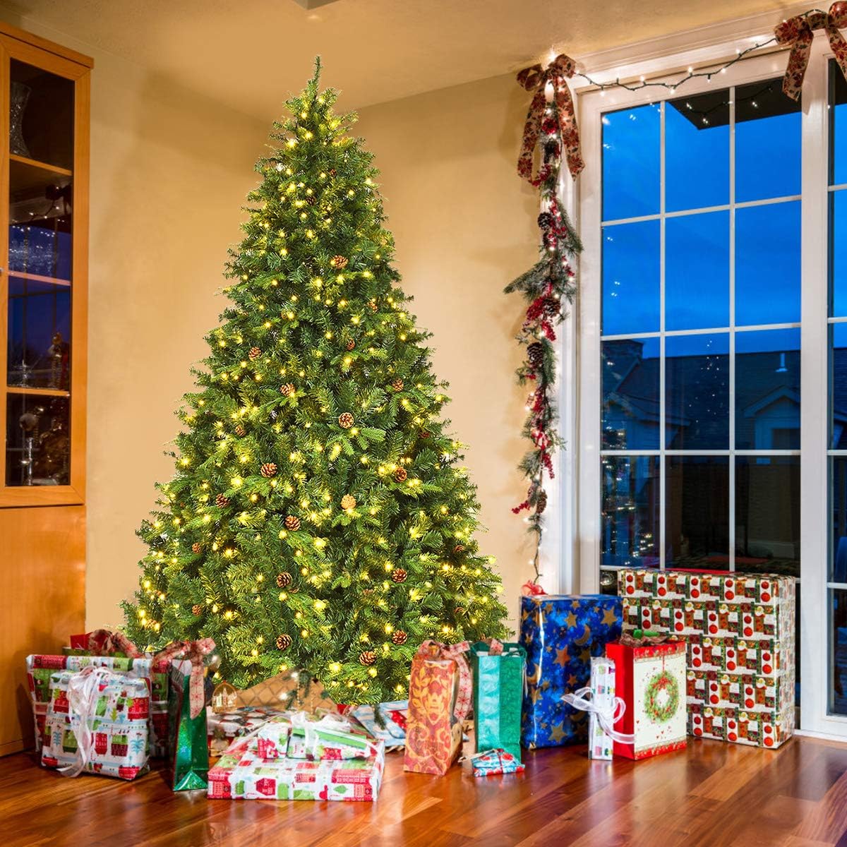 COSTWAY Árbol de Navidad Artificial Verde 240cm, Arbol de Navidad con 600 Luces Incorporadas Soporte de Metal, 81 Conos de Pino, PVC y PE, Arvore de Natal Hogar Fiesta Interior (240CM)