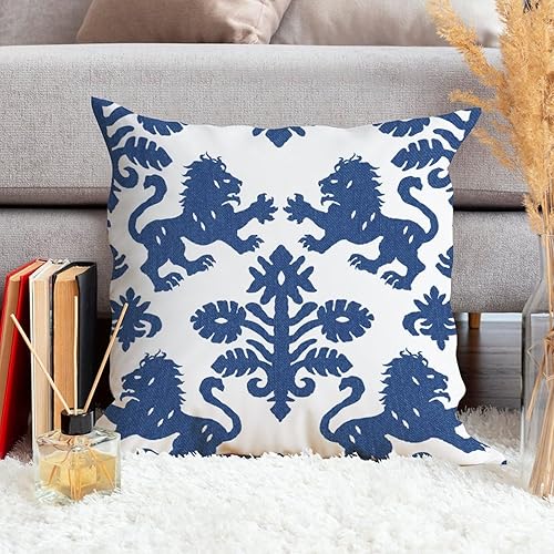 Miniatura 2 de Funda de cojín de granja de león regalia azul marino, diseño de león azul y flor, funda de almohada tradicional china china para silla de automóvil,