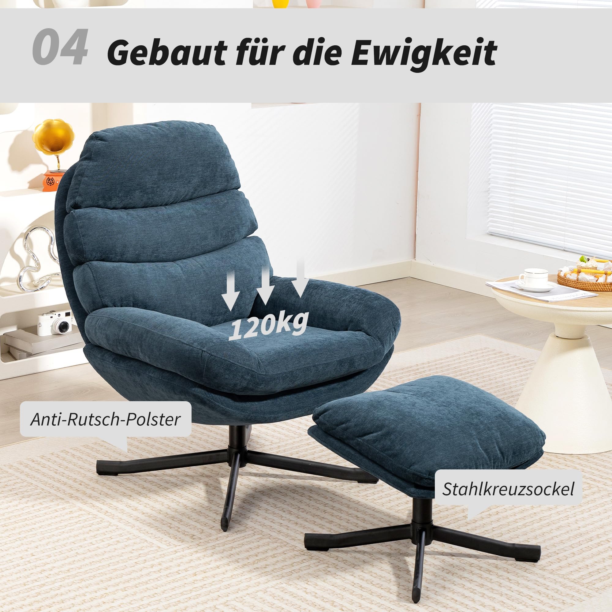 HOMCOM Relaxsessel mit Hocker Sessel Loungesessel mit Chenille-Optik breiter Sitzfläche Drehbar Polstersessel Armlehnensessel für Wohnzimmer, Schlafzimmer, Blau