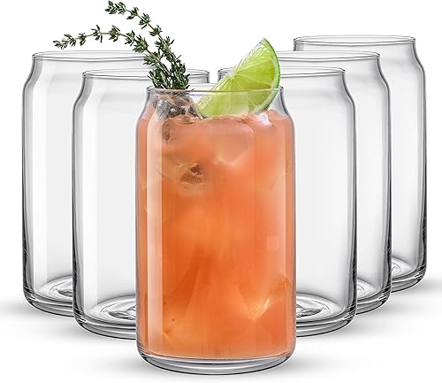 JoyJolt Juego de 6 vasos de vaso para beber - vasos de cerveza de 16 onzas Tazas de vidrio en forma de lata de refresco bonitos vasos de taza de