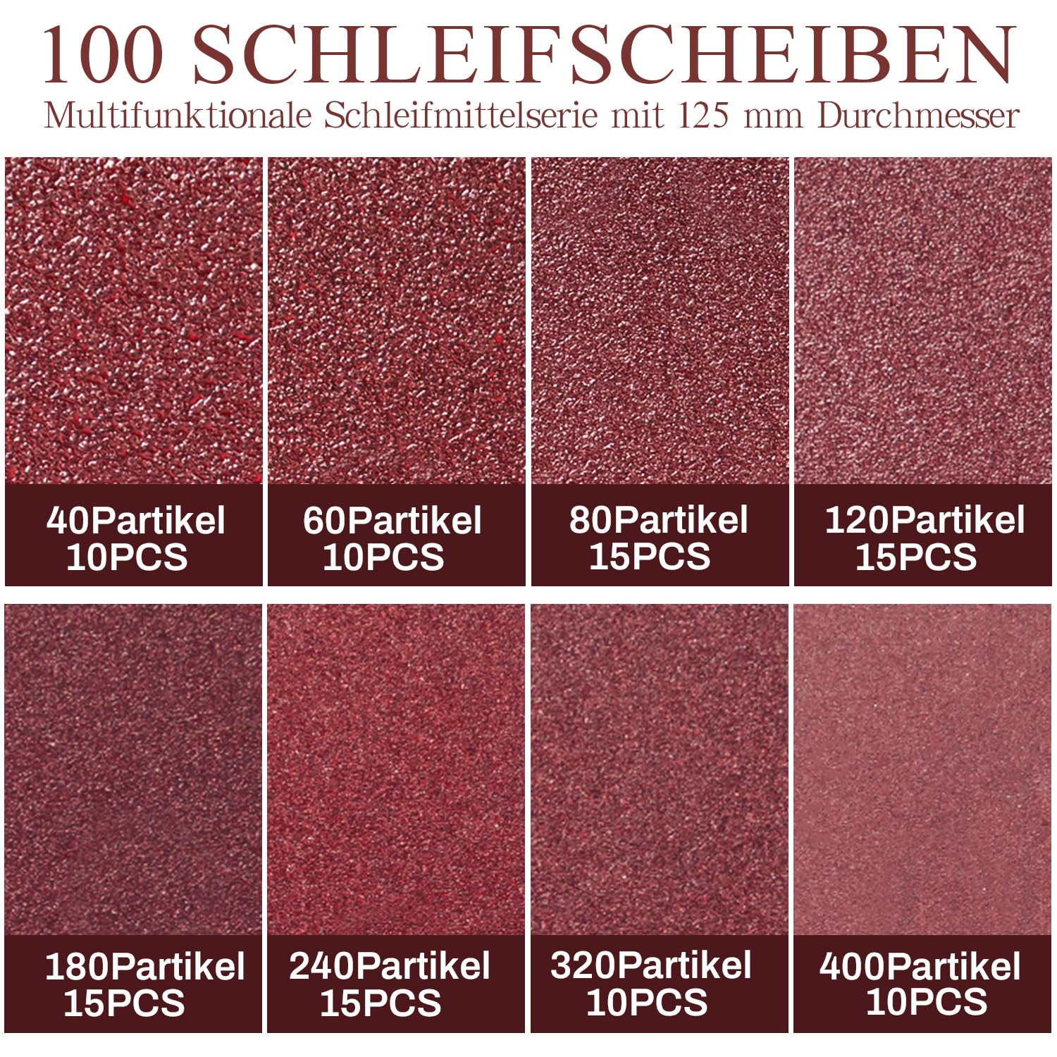 100 sztuk papieru ściernego 125 mm na rzep – 8-otworowe tarcze szlifierskie do szlifierek mimośrodowych, ziarnistość 40/60/80/120/180/240/320/400, pasuje do szlifierek mimośrodowych i szlifierki