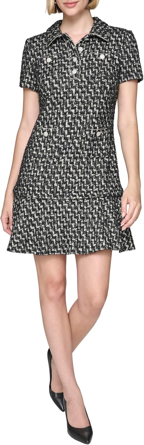 KARL LAGERFELD Womens Metallic Short Sleeve Collared a Line Dress