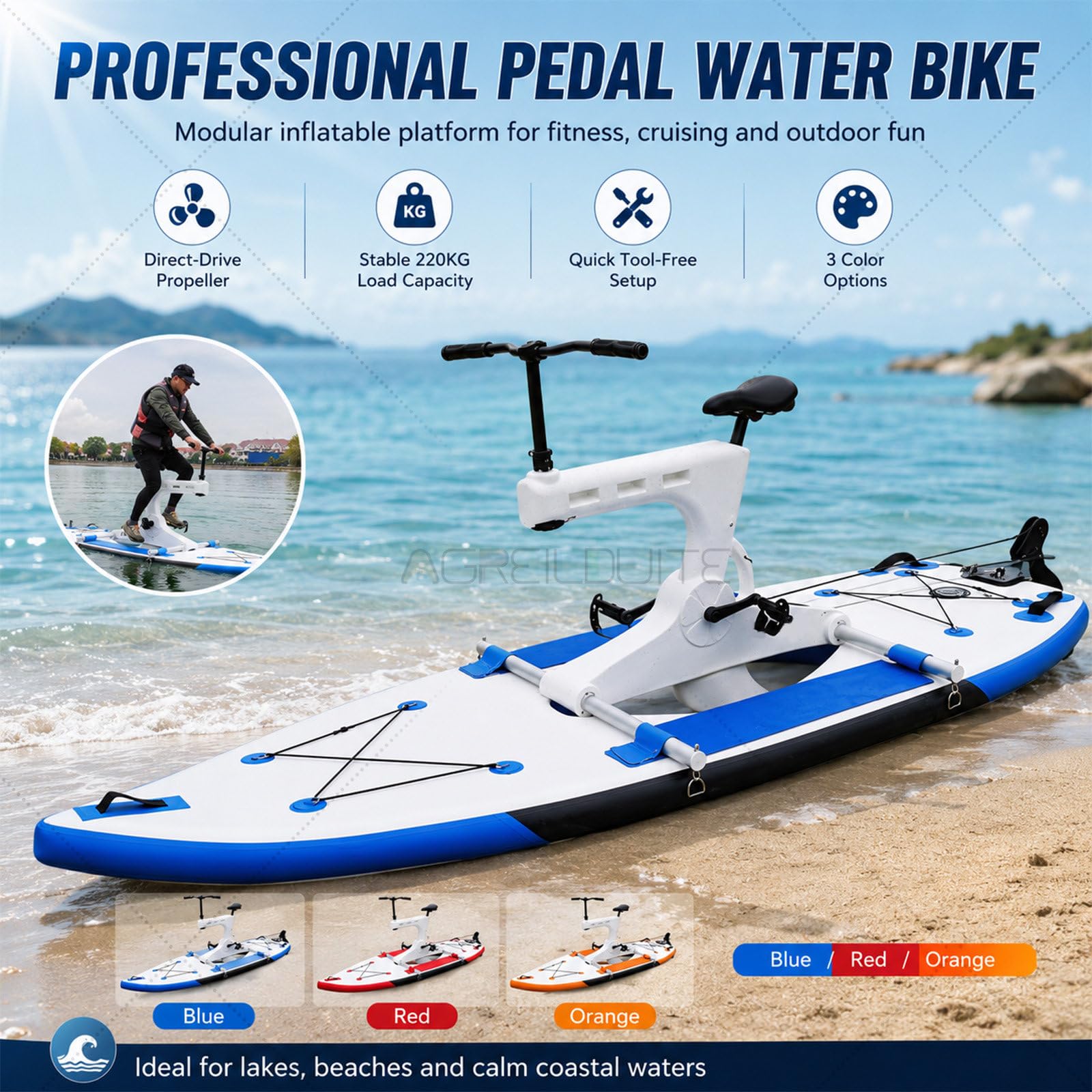 Bicicletta gonfiabile ad acqua, bicicletta professionale a pedale per gite in famiglia, capacità di carico massima 220 kg, installazione rapida per gite in spiaggia e sport acquatici all'aperto
