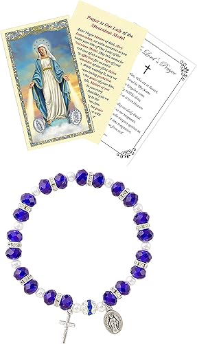 Pulsera de medalla milagrosa, joyería milagrosa azul con medalla milagrosa de Nuestra Señora de Gracia, tarjeta de oración del Señor, pulsera de