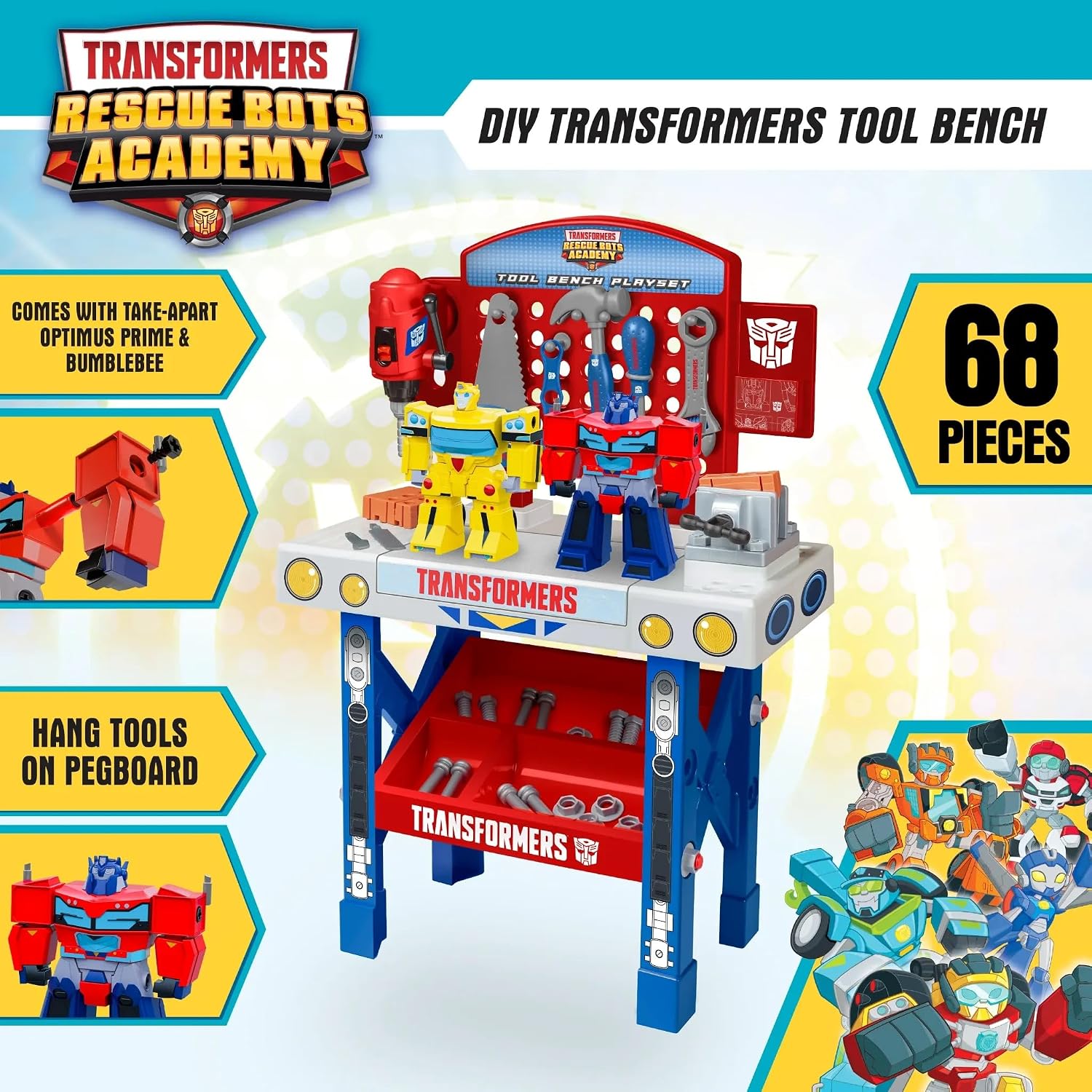 World Tech Toys Transformers Rescue Bots Academy Tool Bench – Kids Builder Set with Take-Apart Optimus Prime & Bumblebee Robots - Hasbro Licensed - Kids 3+