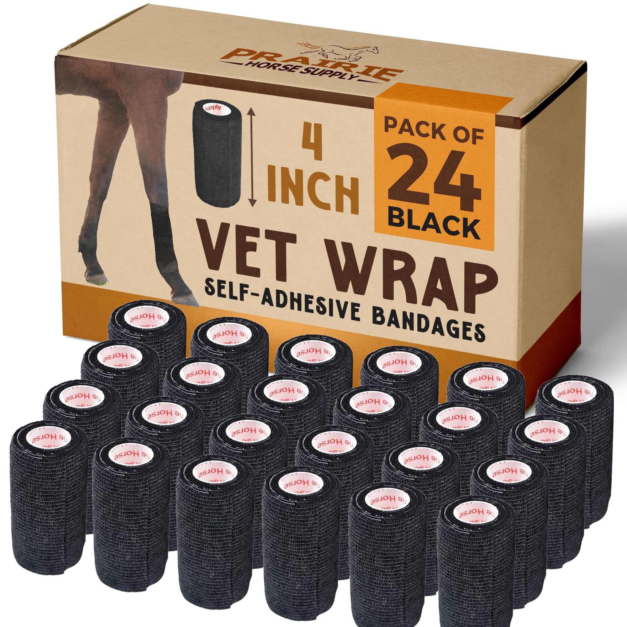 24 Pack Premium Vet Wrap - Self Adhesive Bandage Wrap &amp; Athletic Tape - 4" x 5 Yards Elastic &amp; Self-Sticking Cohesive Bandage for Pets, Sports, Wrists &amp; Ankles - Black by Prairie Horse Supply