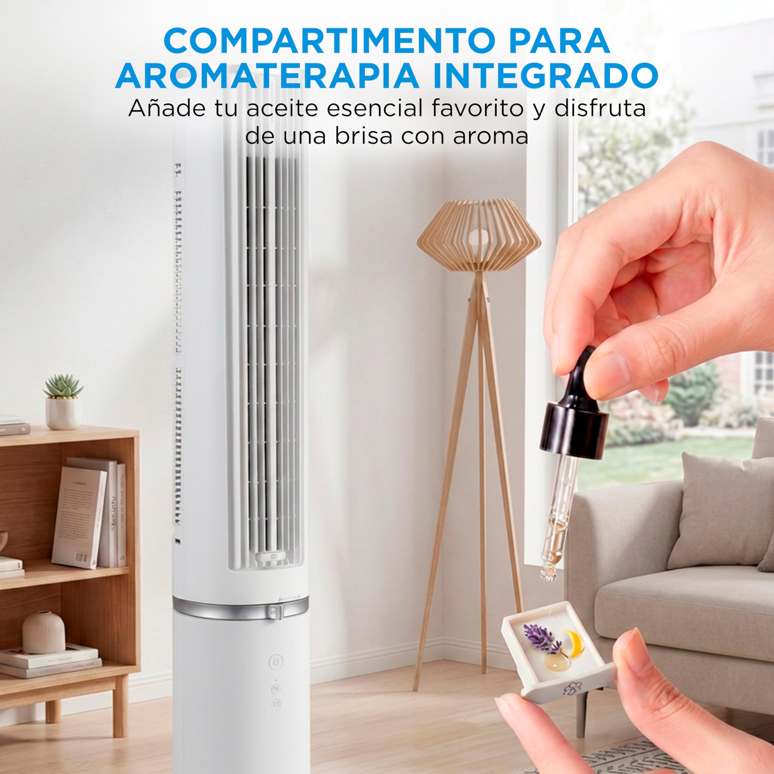 Midea Ventilador Torre con Mando a Distancia de 4 Velocidades - Ventilador de Torre Silencioso con Oscilación 90º, Temporizador 7h, Distancia 9m/s, 2 Modos, con Caja de Aromaterapia y Modo Sleep