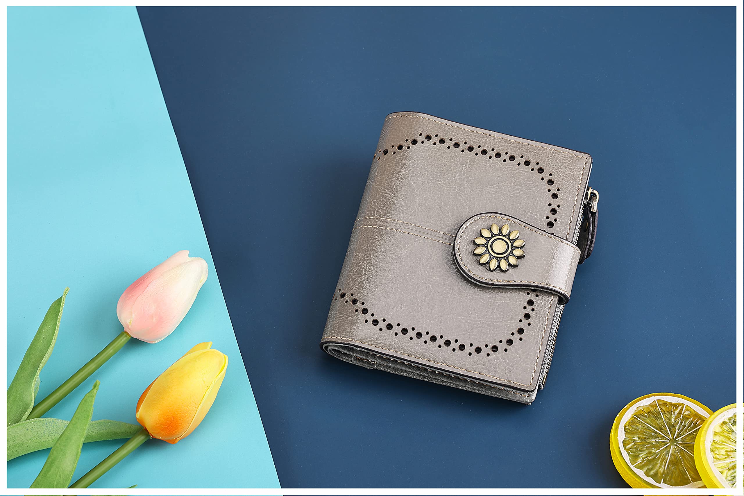 Lavemi - Cartera de Piel para Mujer con Bloqueo RFID pequeño Plegable para Tarjetas de crédito con Bolsillo con Cremallera para Ventana de identificación - Gris - Talla única