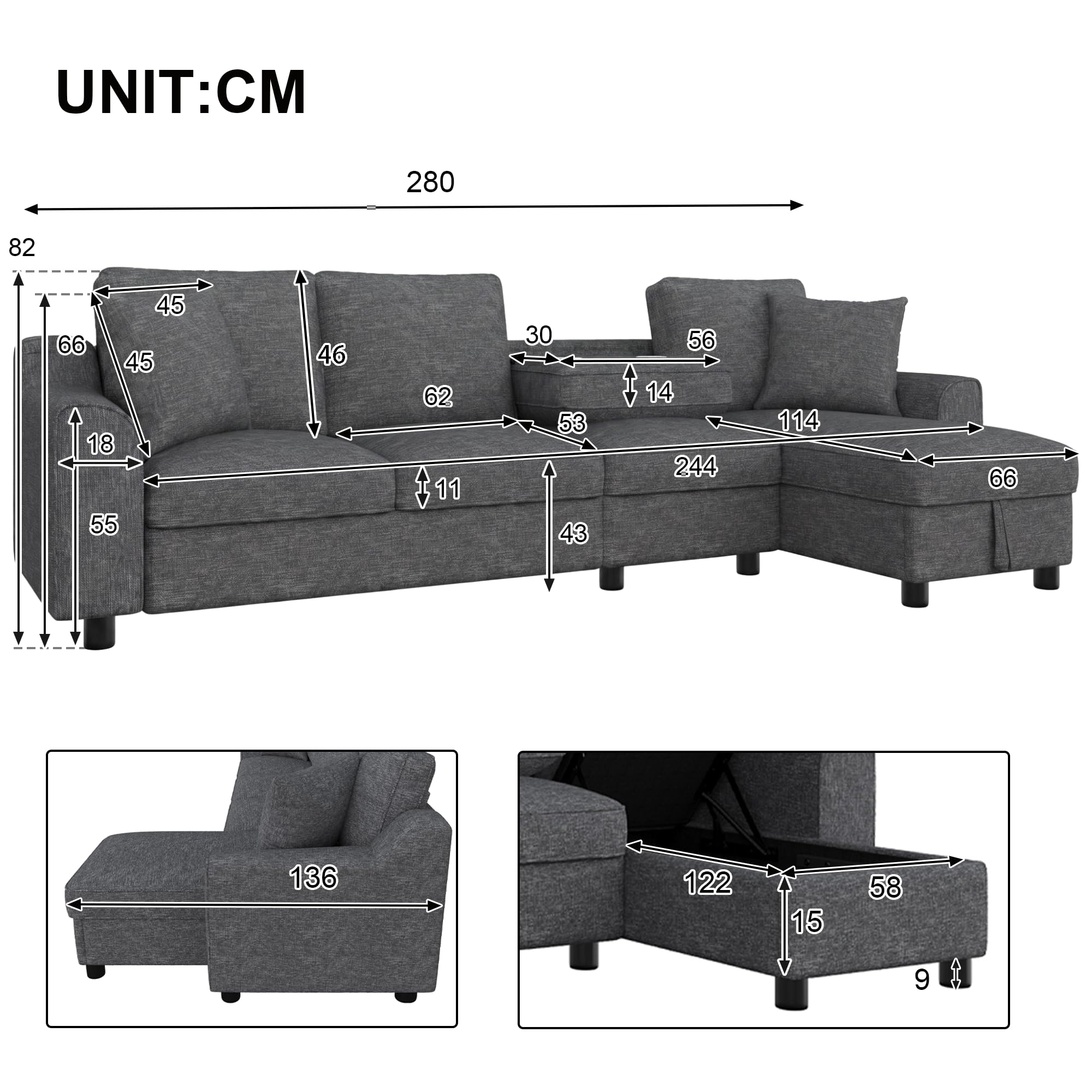 Moimhear Moderno sofá de chenilla L, 3 plazas + chaise longue con almacenamiento, respaldo plegable con soporte para bebidas, 280 x 136 x 82 cm (gris)