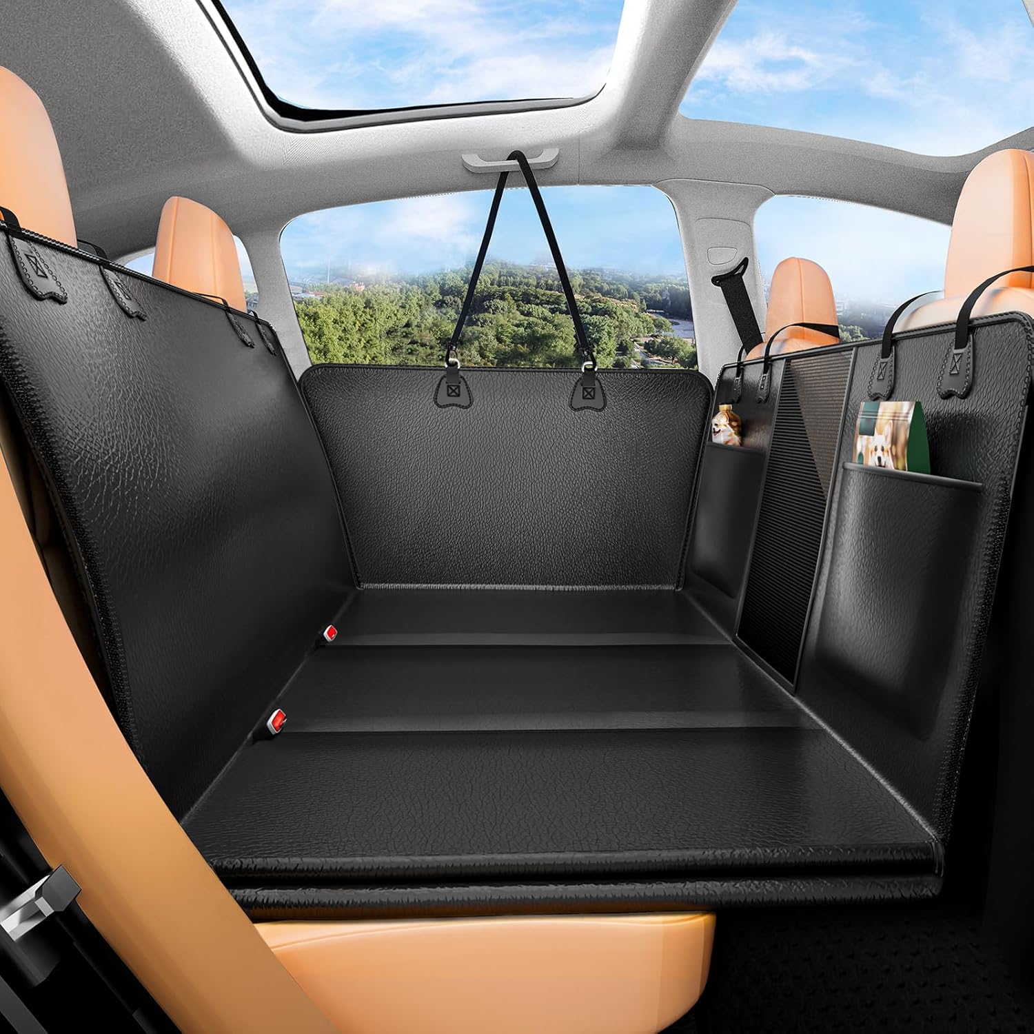Photo 1 of  Hard Bottom Dog Car Seat Cover for Back Seat – Waterproof Nonslip Hammock Extender for Trucks & SUVs, Heavy Duty Pet Protector, Black Faux Leather 