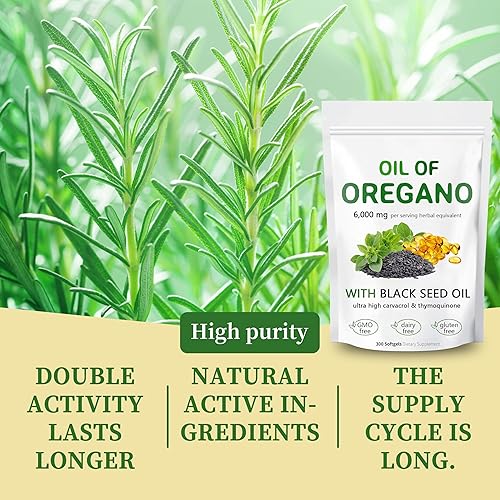 Miniatura 8 de Aceite de cápsulas blandas de orégano, 300 cápsulas blandas, formulado con aceite de semilla negra, Carvacrol de 4 veces más fuerza, para apoyo