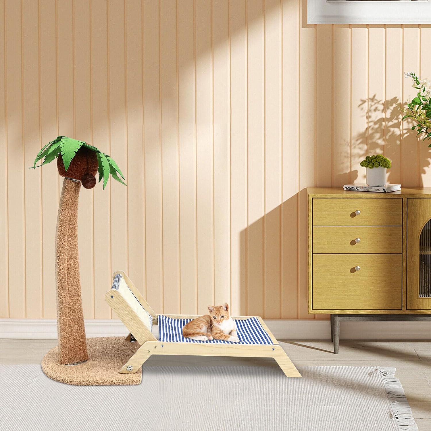 review Cat Hammock with Scratching Post, Beach Chair Cat Bed and Coconut Tree Cat Scratcher, Cat Furniture for Small Cats and Kittens