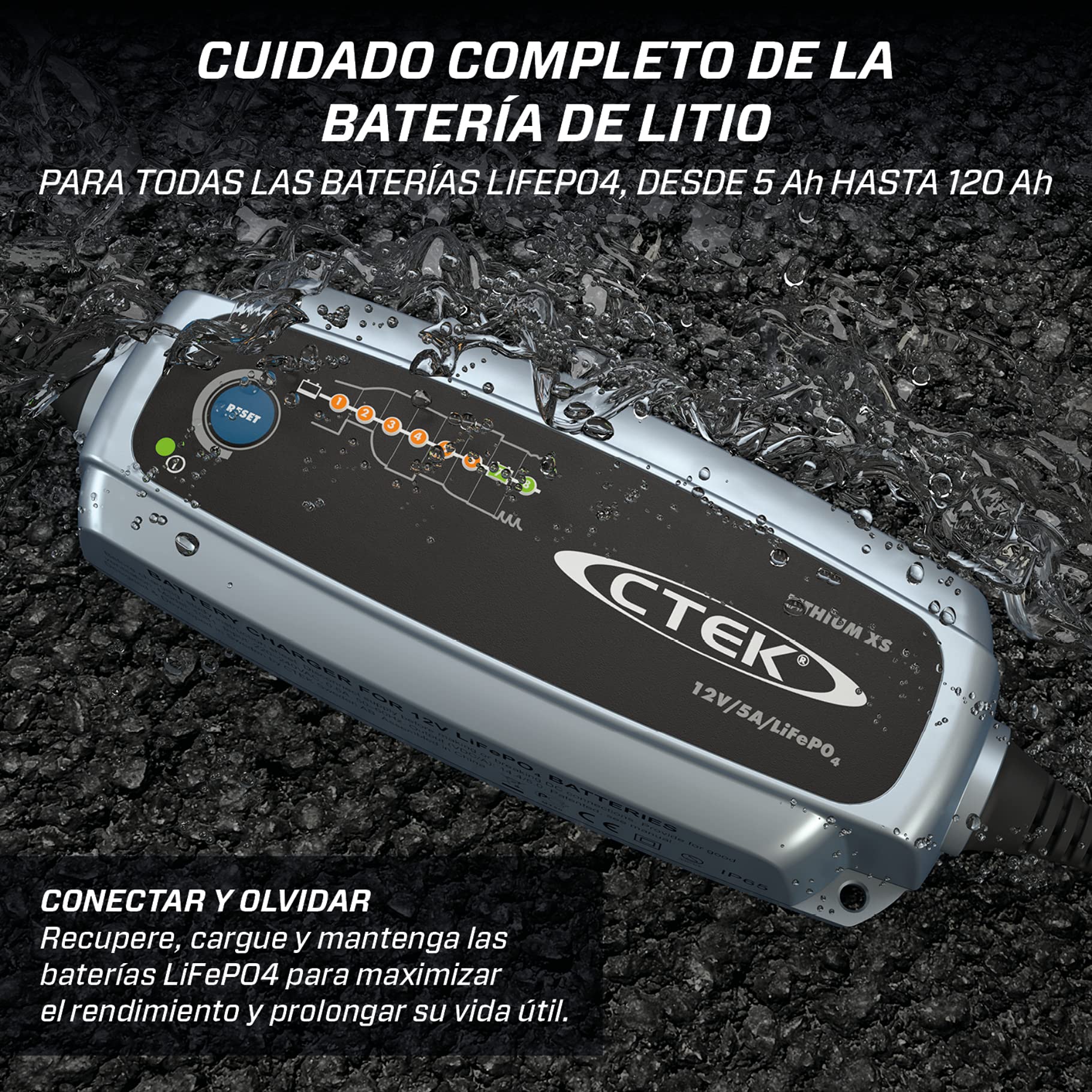 CTEK Lithium XS Cargador Batería 12V 5A, Cargador De Batería LiFePO4, Cargador Batería Litio, Cargador Inteligente Baterias, Cargador De Batería De Coche Y Mantenedor con Connect and Forget