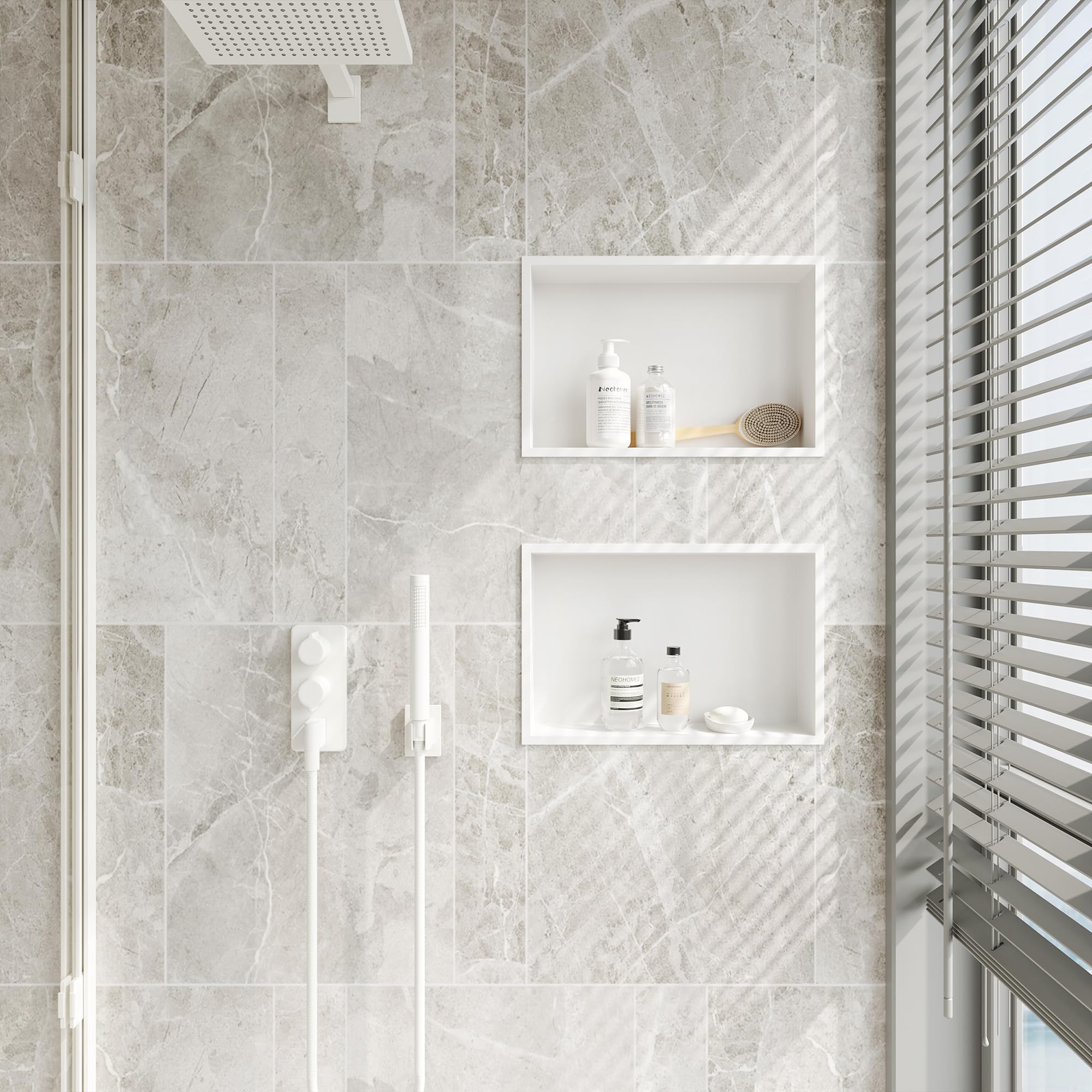 Neohomee Wandnische douche van roestvrij staal met ledlicht, ingebedde douchebak, zwart, enkele plank, opslag voor badkamer, 90 x 30 cm