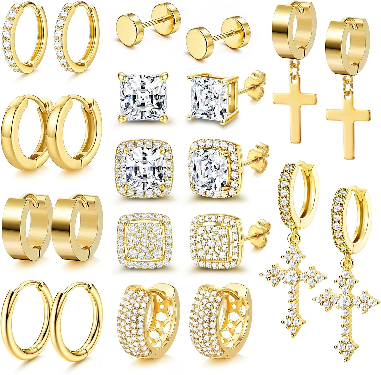 11 Pairs Earrings for Men Stainless Steel Cubic Zirconia Studs Huggie Hoops Cross Dangle Earring Hypoallergenic Stud Hoop Men's Earrings