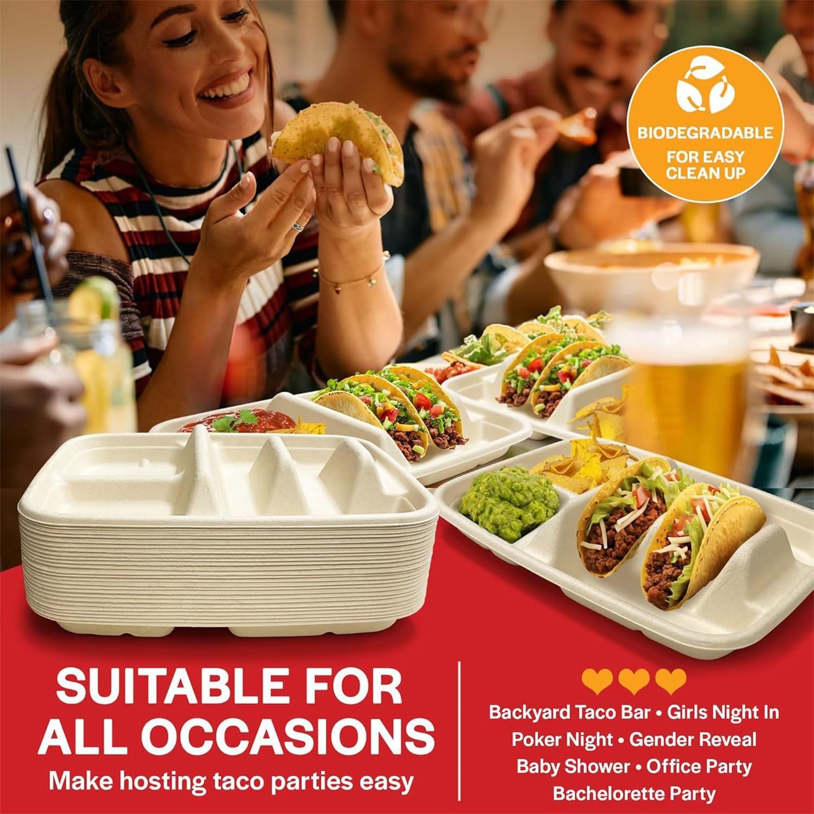 BOPIES Vassoi taco monouso compostabile fibra vegetale due scomparti | Vassoio anti-grasso microonde feste catering camion alimentare messicano(50pcs)