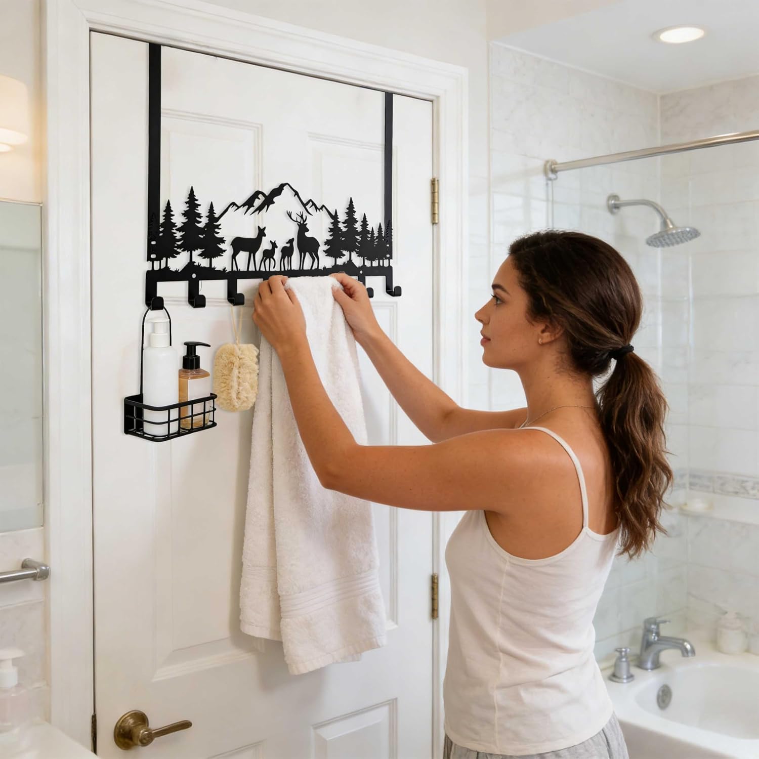 Black Metal Long Over Door Hook, Mountain Forest Deer Decor Overdoor Hanger Organizer with 8 Hook, Unique Over The Door Hooks Towel Holder for Bathroom Shower, Bedroom Door and Entrance Door image 3