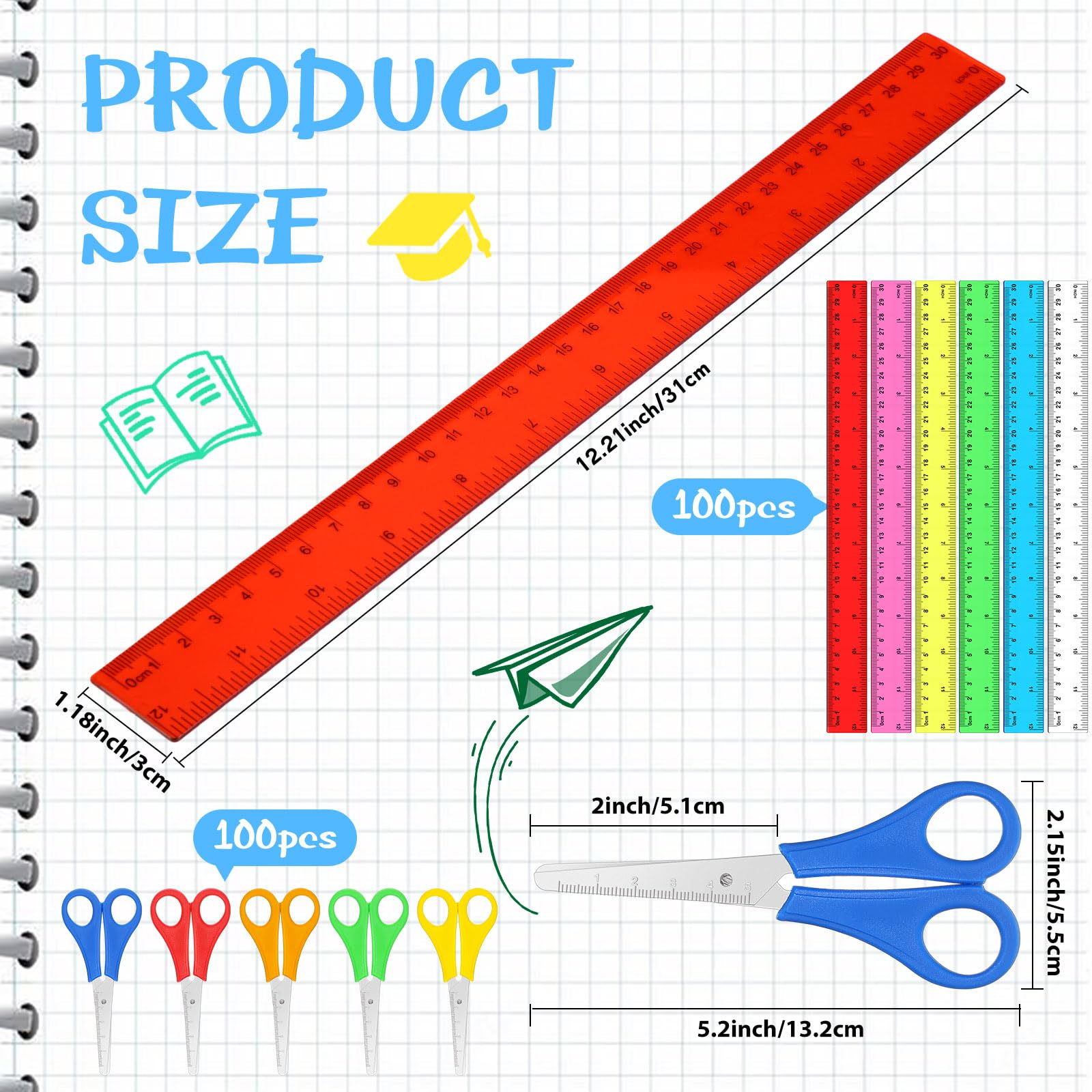 PerKoop 200 pezzi di forniture scolastiche con 100 forbici di sicurezza con punta smussata per studenti, 100 righelli in plastica da 30,5 cm, kit di forniture per il rientro a scuola per operazioni di
