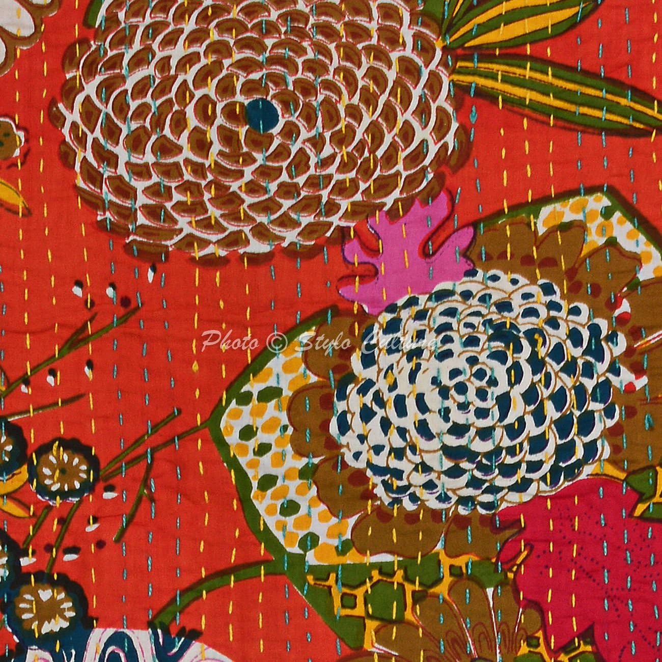 Bohemian Decorative Sofa Settee Toss Throw Pillow Cases 50x50 cm Cotton Hallway Decor Orange Tropicana Printed Kantha Square Luxury Envelope Indian 20x20 Inch Cushion Covers - 2 Pcs