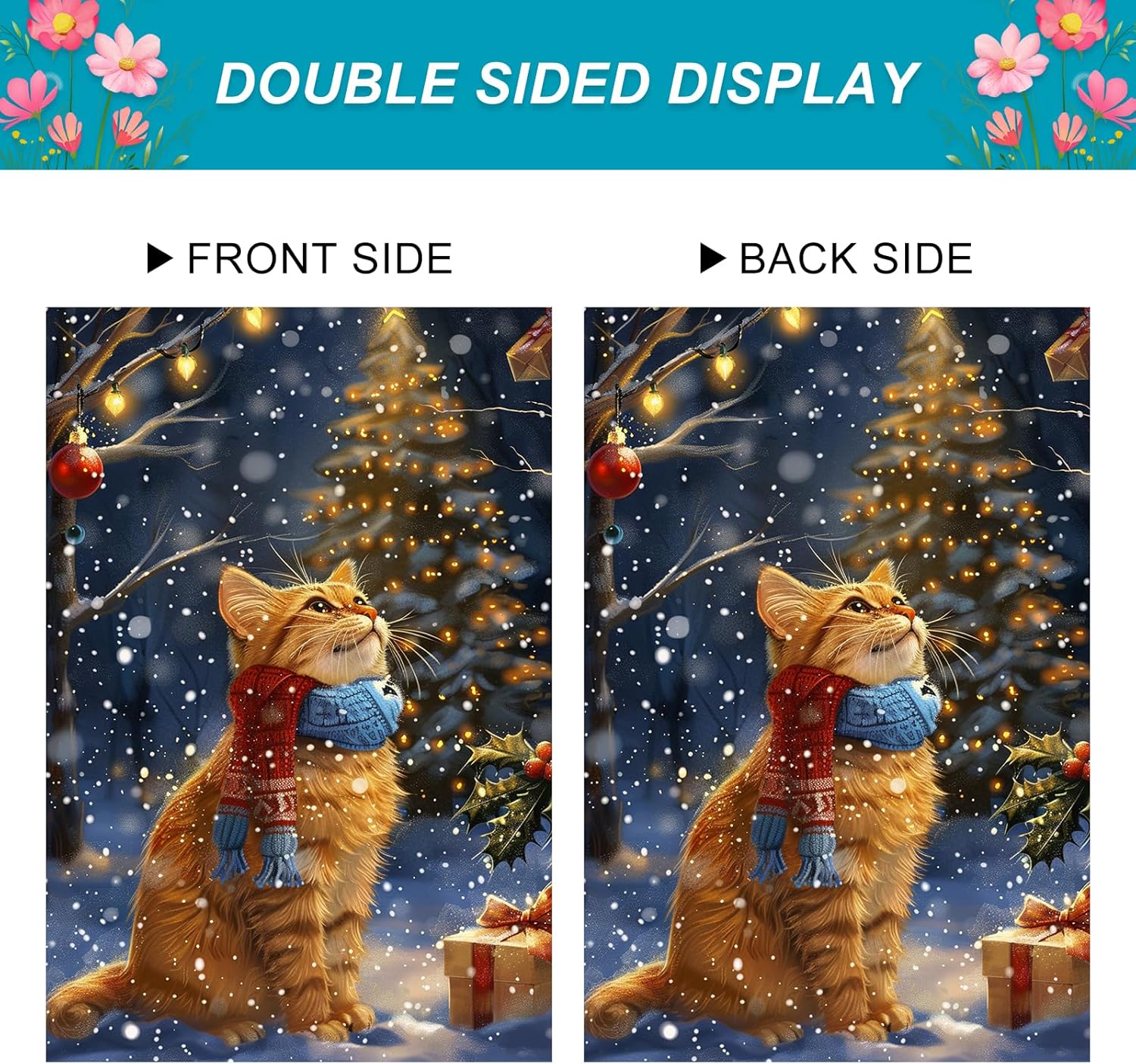 Christmas House Flag 28 x 40 Inch Double Sided Garden Flag with Ginger Cat in Scarf Looking at Lit Tree for Winter Yard Banner Porch Outdoor Decor - Image 4