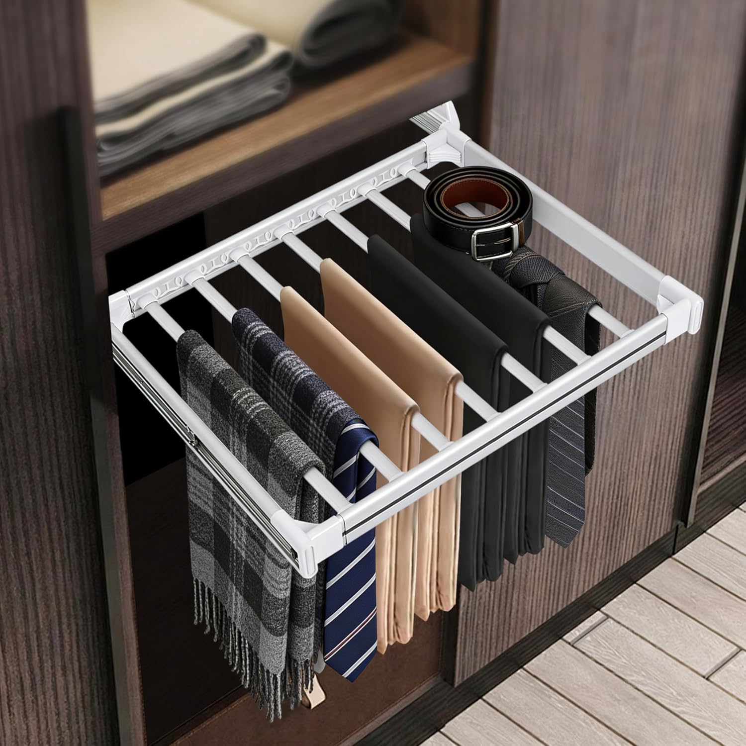 11 Arms Slide Out Pants Rack Closet Pants Hanger Bar Pull Out Trousers Rack Tie Belts Scarf Racks, Top Mounted Wardrobe Clothes Organizers Rail Pull Out Closet Storage Rod-Silver White
